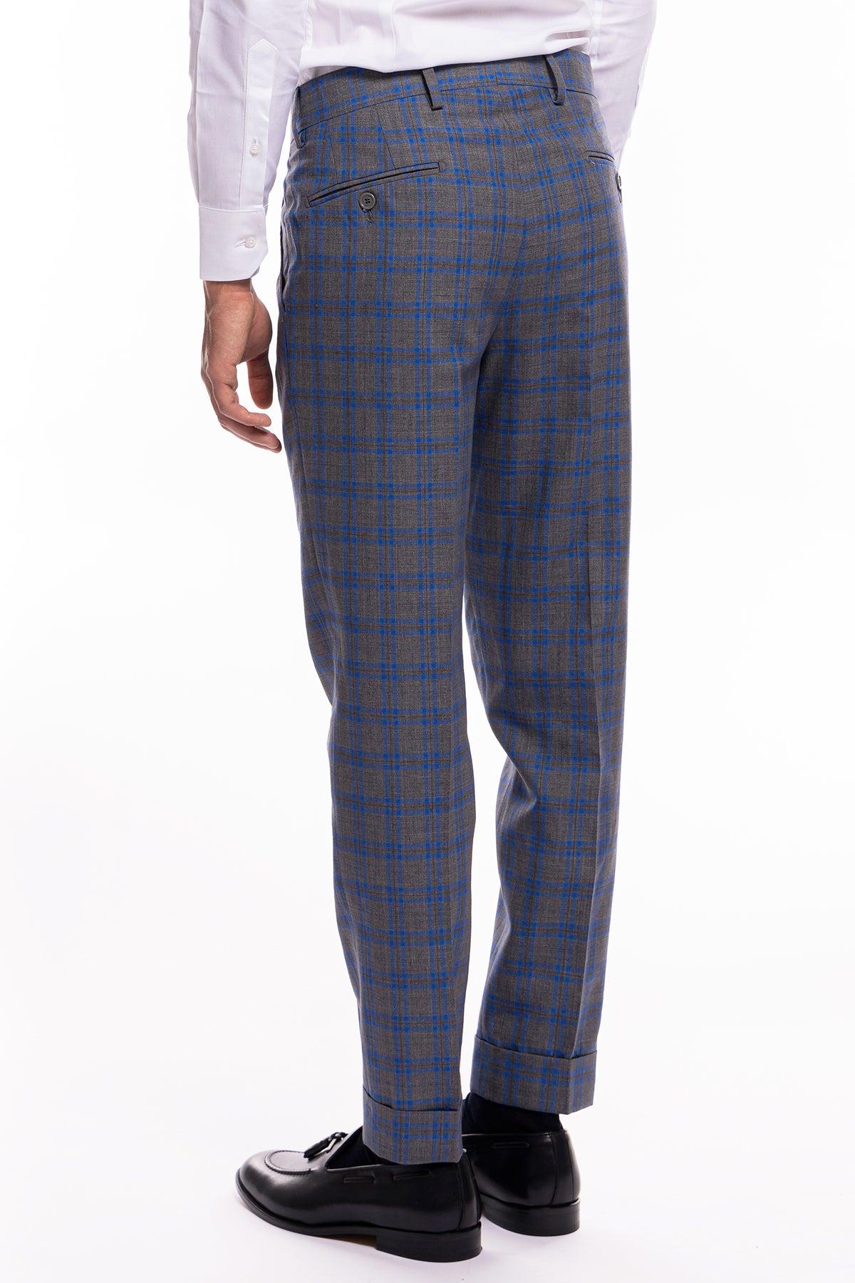 Pantalone uomo vita alta grigio fantasia quadri blu fresco lana 100% Bristol Tessuti