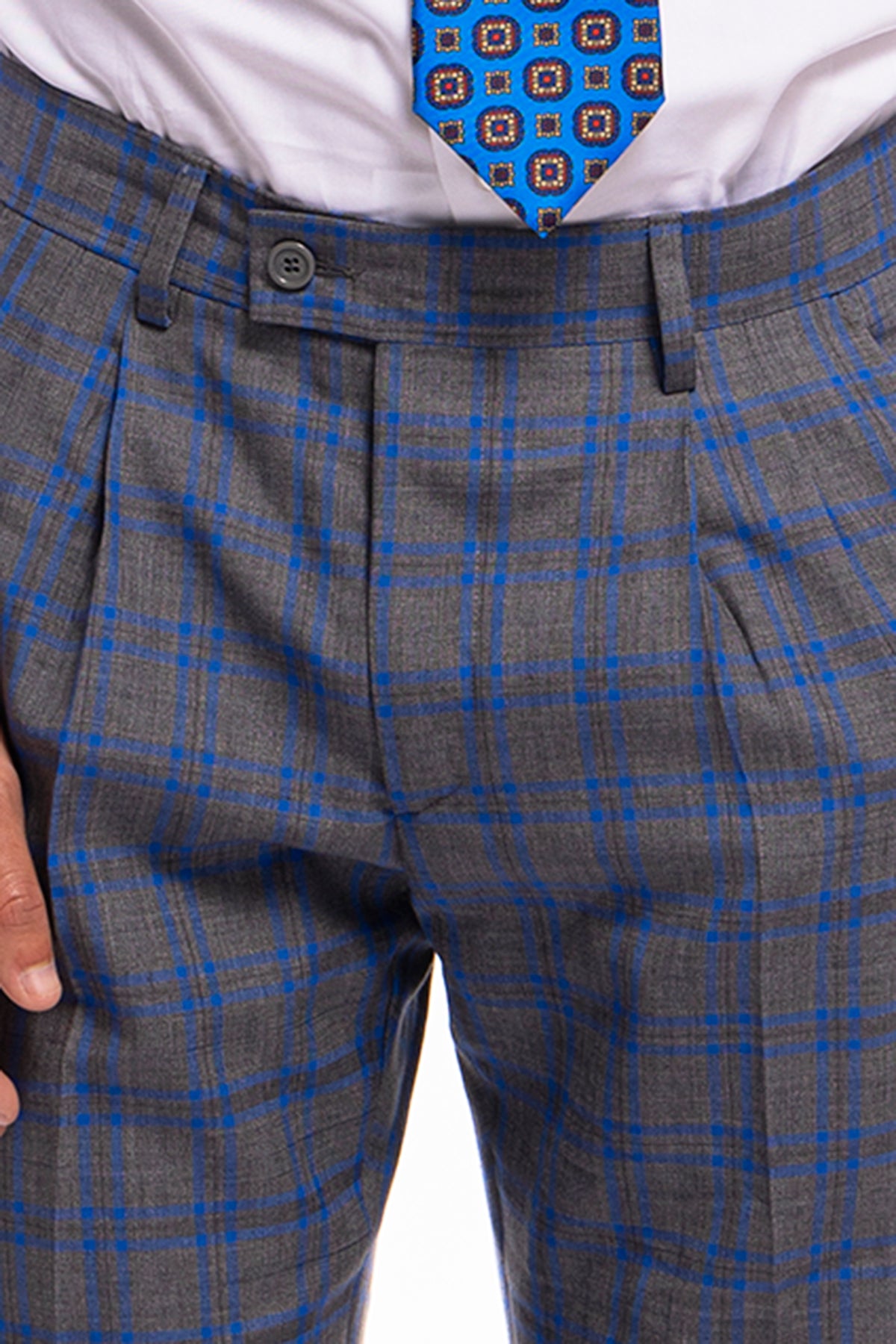 Pantalone uomo vita alta grigio fantasia quadri blu fresco lana 100% Bristol Tessuti