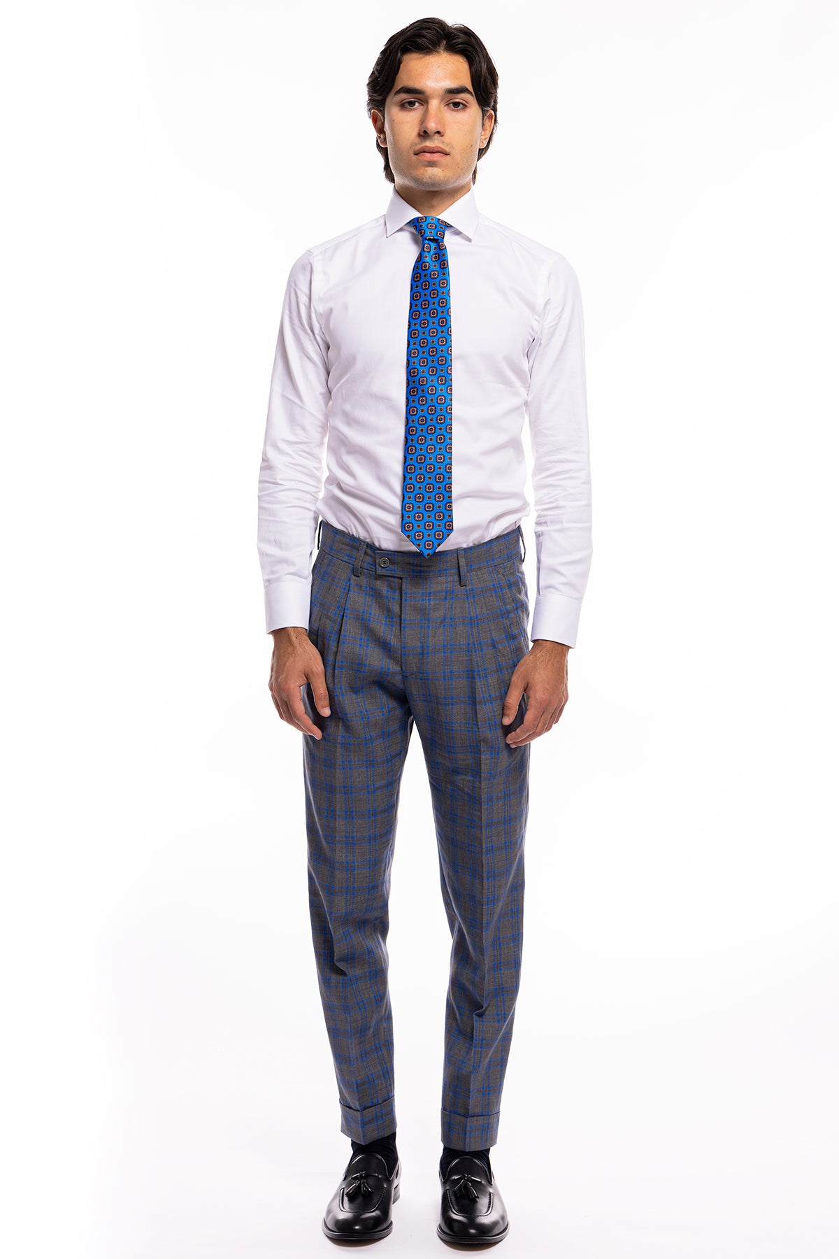 Pantalone uomo vita alta grigio fantasia quadri blu fresco lana 100% Bristol Tessuti