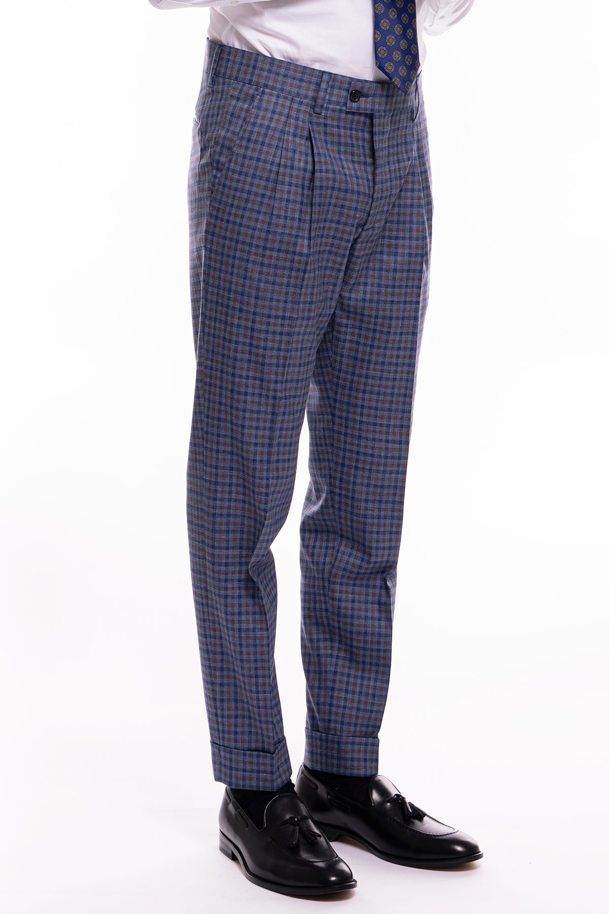 Pantalone uomo vita alta blu fantasia quadretti marrone e denim fresco lana seta e lino Bristol Tessuti