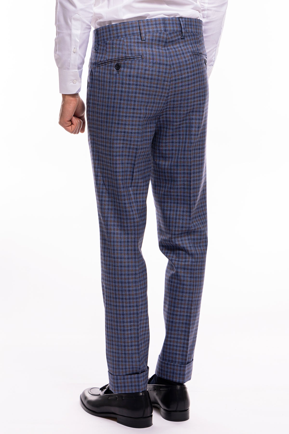 Pantalone uomo vita alta blu fantasia quadretti marrone e denim fresco lana seta e lino Bristol Tessuti