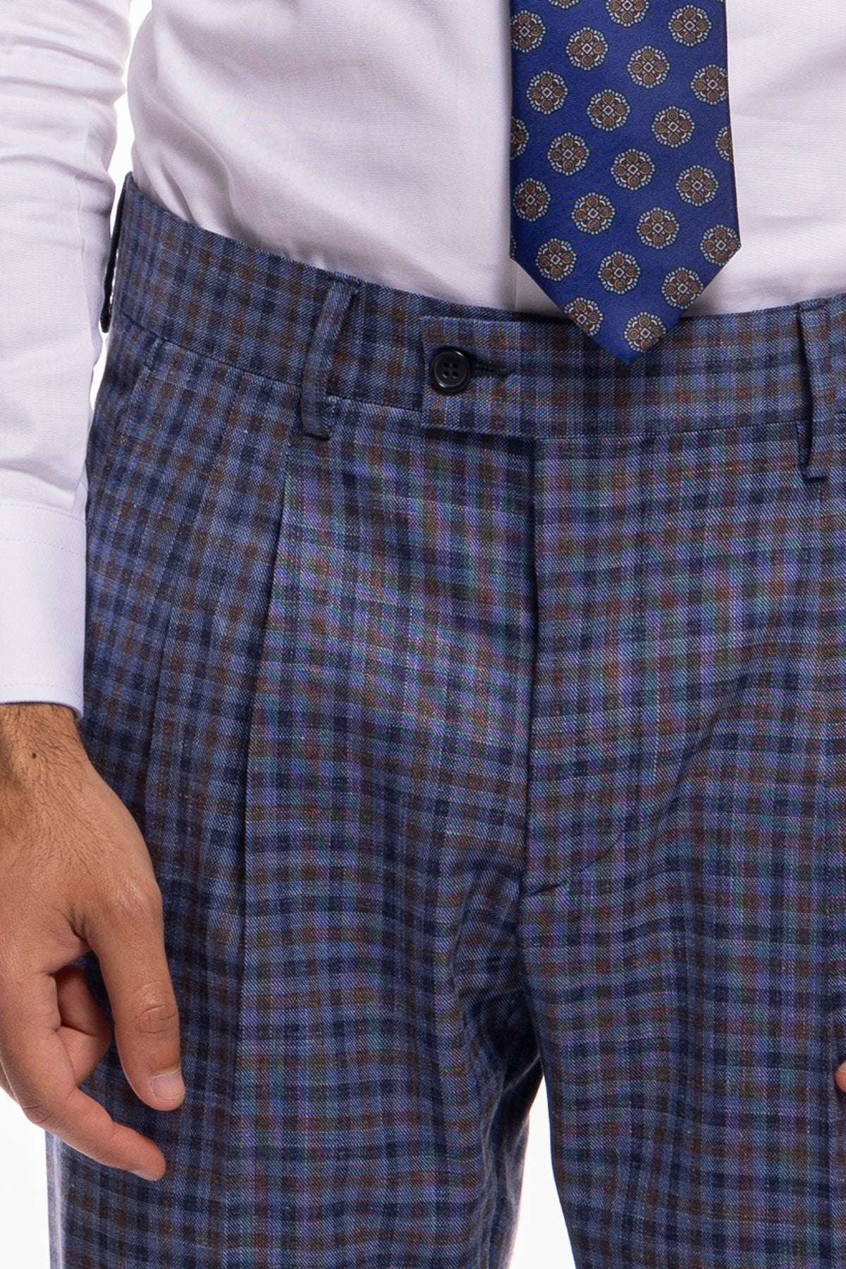 Pantalone uomo vita alta blu fantasia quadretti marrone e denim fresco lana seta e lino Bristol Tessuti