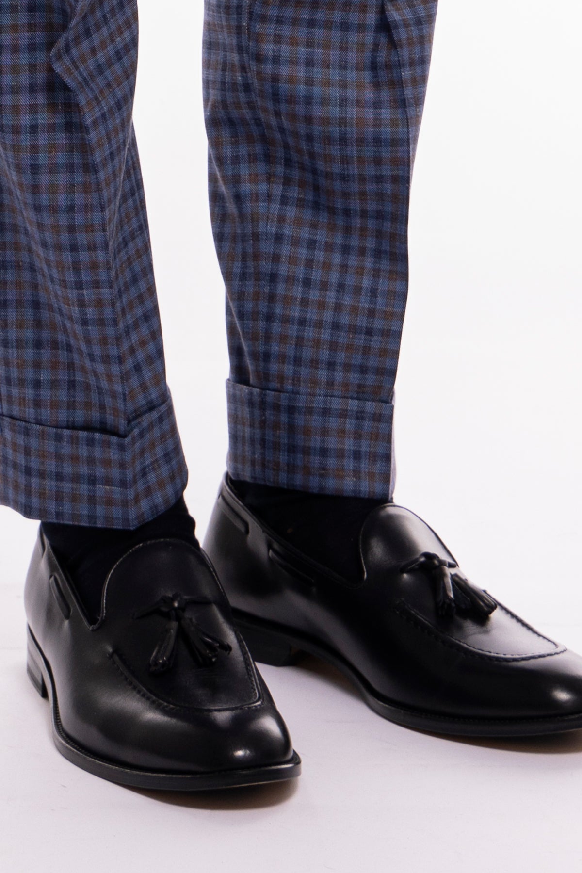 Abito uomo monopetto blu fantasia quadretti marrone e denim fresco lana seta e lino Bristol Tessuti Rever largo a lancia