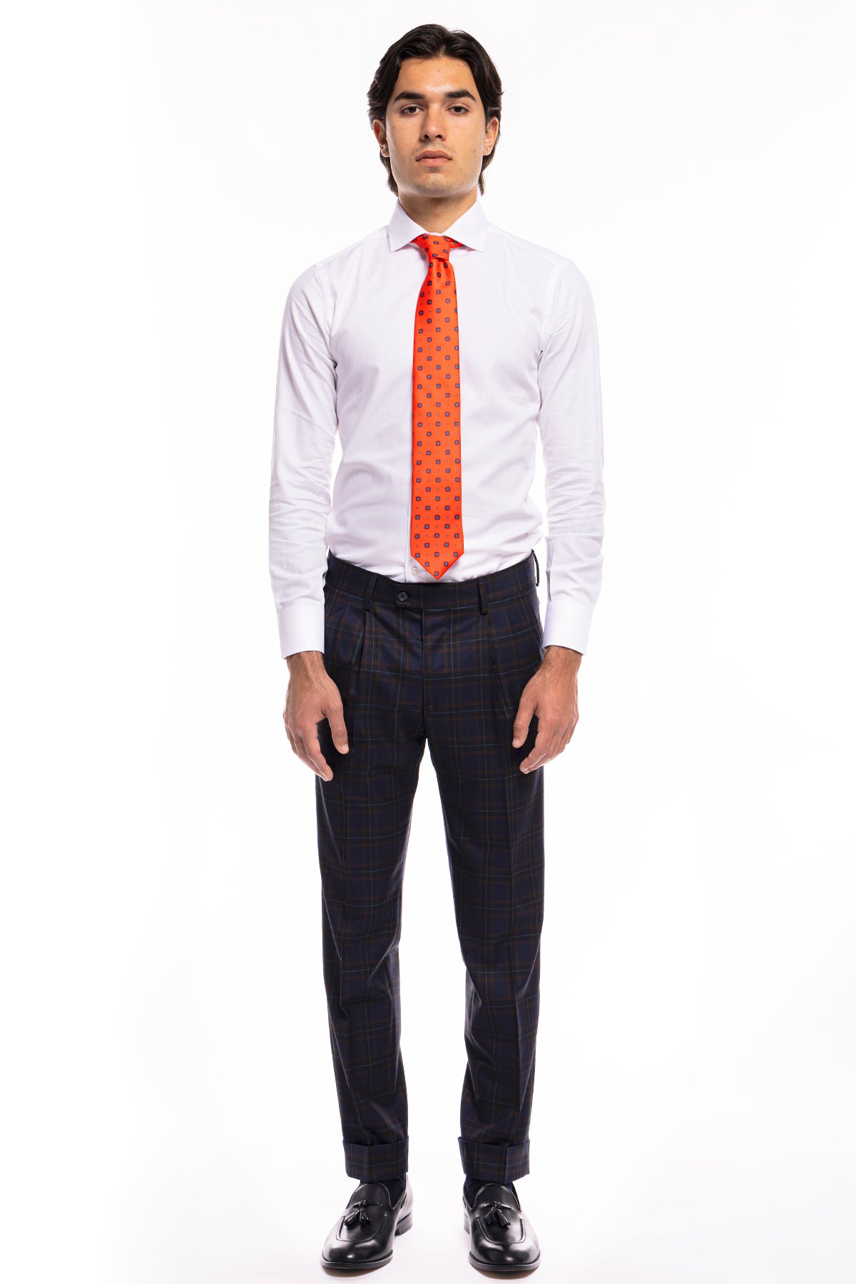 Pantalone uomo vita alta blu a quadri marroni fresco lana Vitale Barberis Canonico