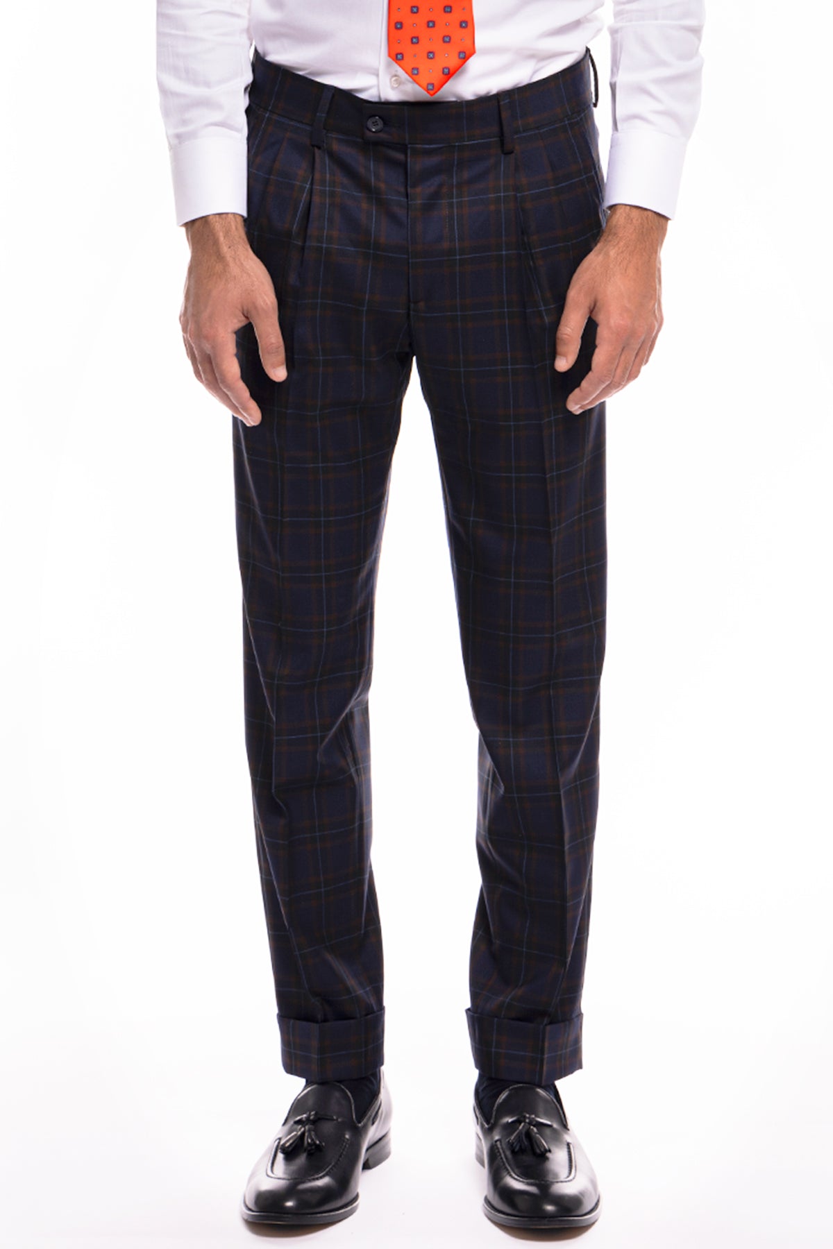 Pantalone uomo vita alta blu a quadri marroni fresco lana Vitale Barberis Canonico
