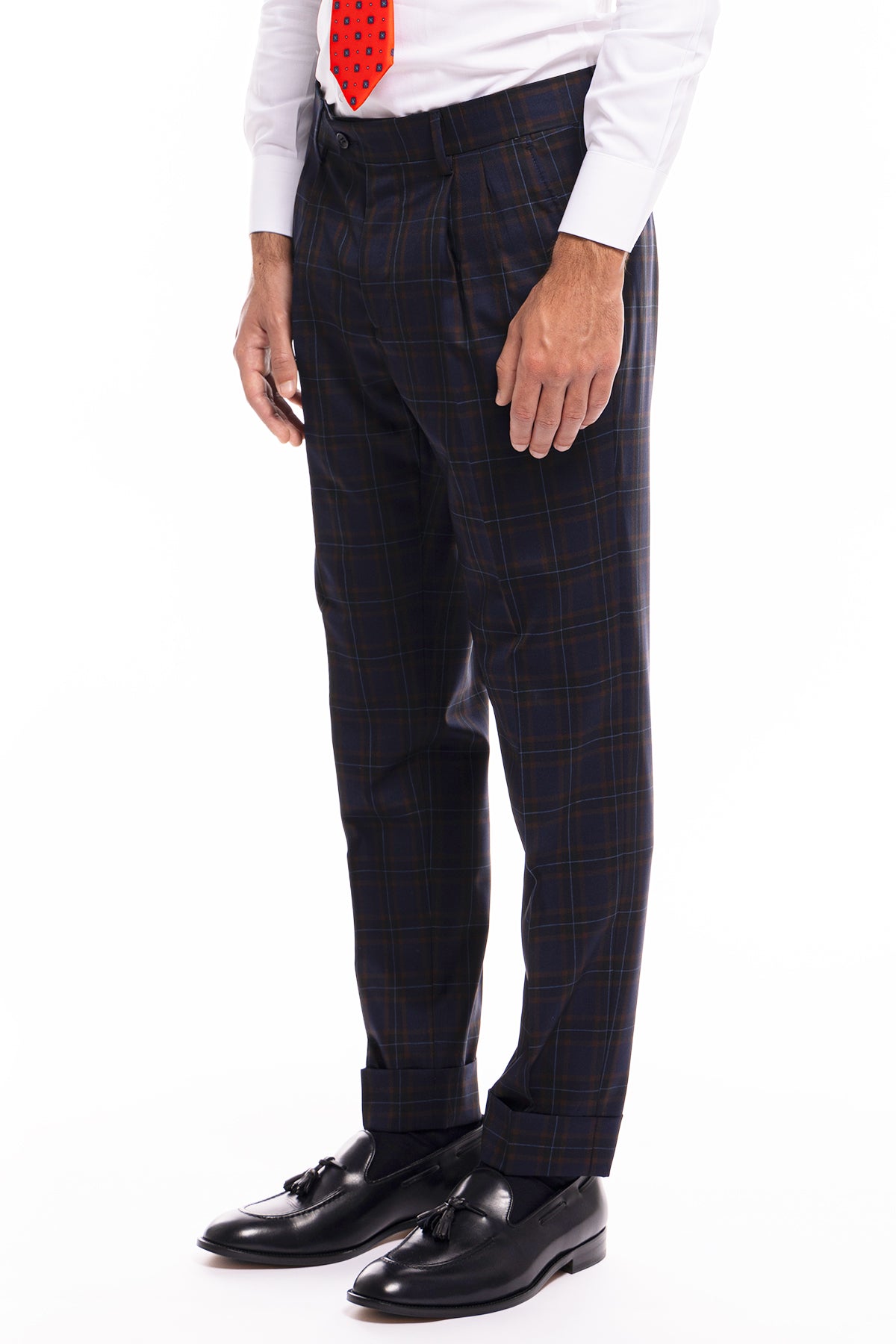 Pantalone uomo vita alta blu a quadri marroni fresco lana Vitale Barberis Canonico