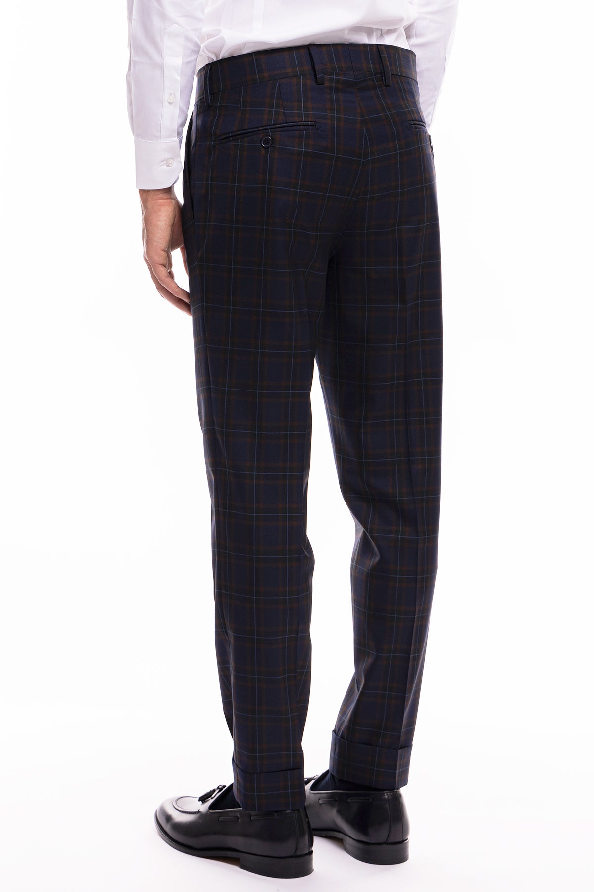 Pantalone uomo vita alta blu a quadri marroni fresco lana Vitale Barberis Canonico
