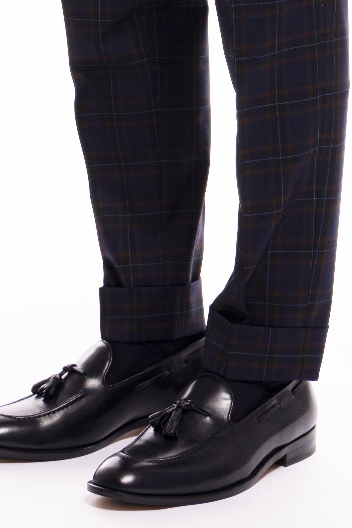 Pantalone uomo vita alta blu a quadri marroni fresco lana Vitale Barberis Canonico