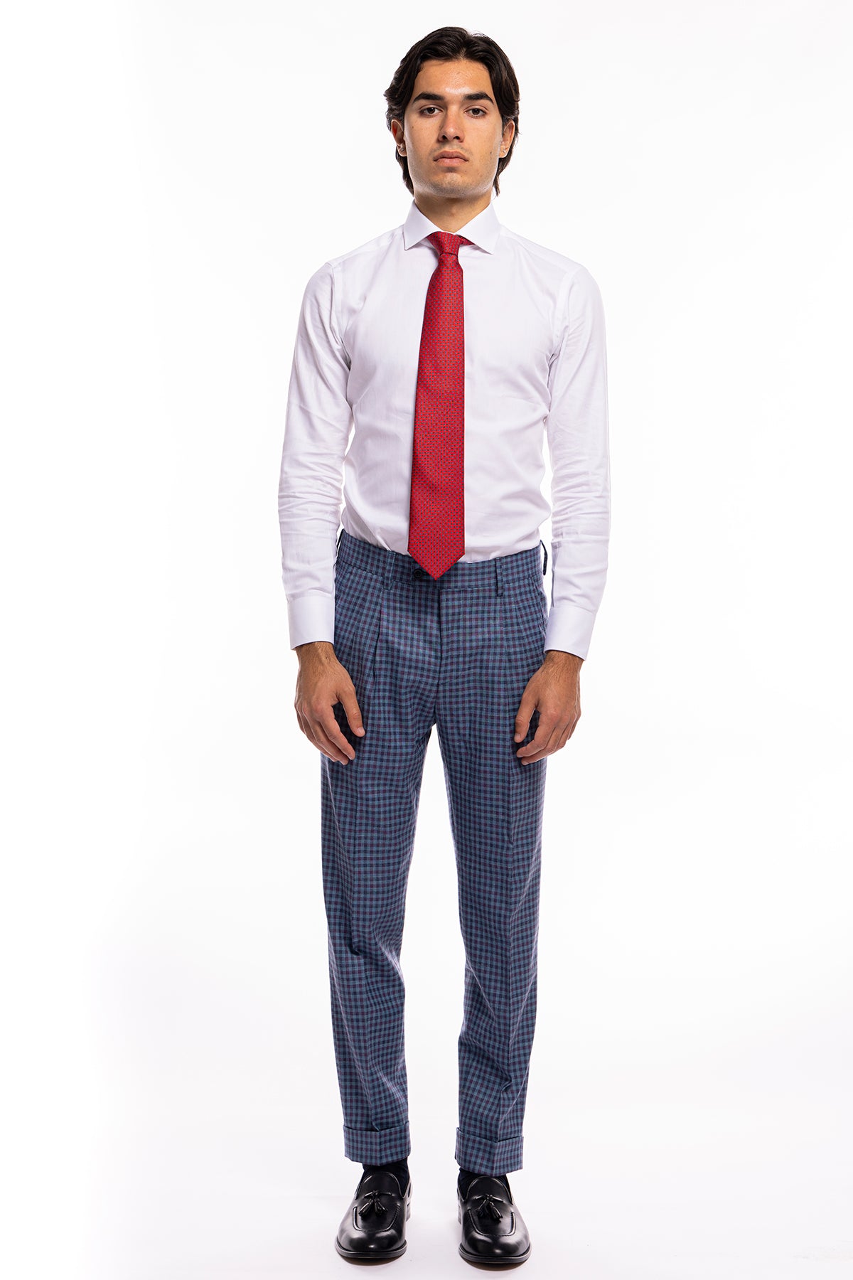 Pantalone uomo vita alta blu denim quadri bordeaux fresco lana seta e lino Bristol Tessuti
