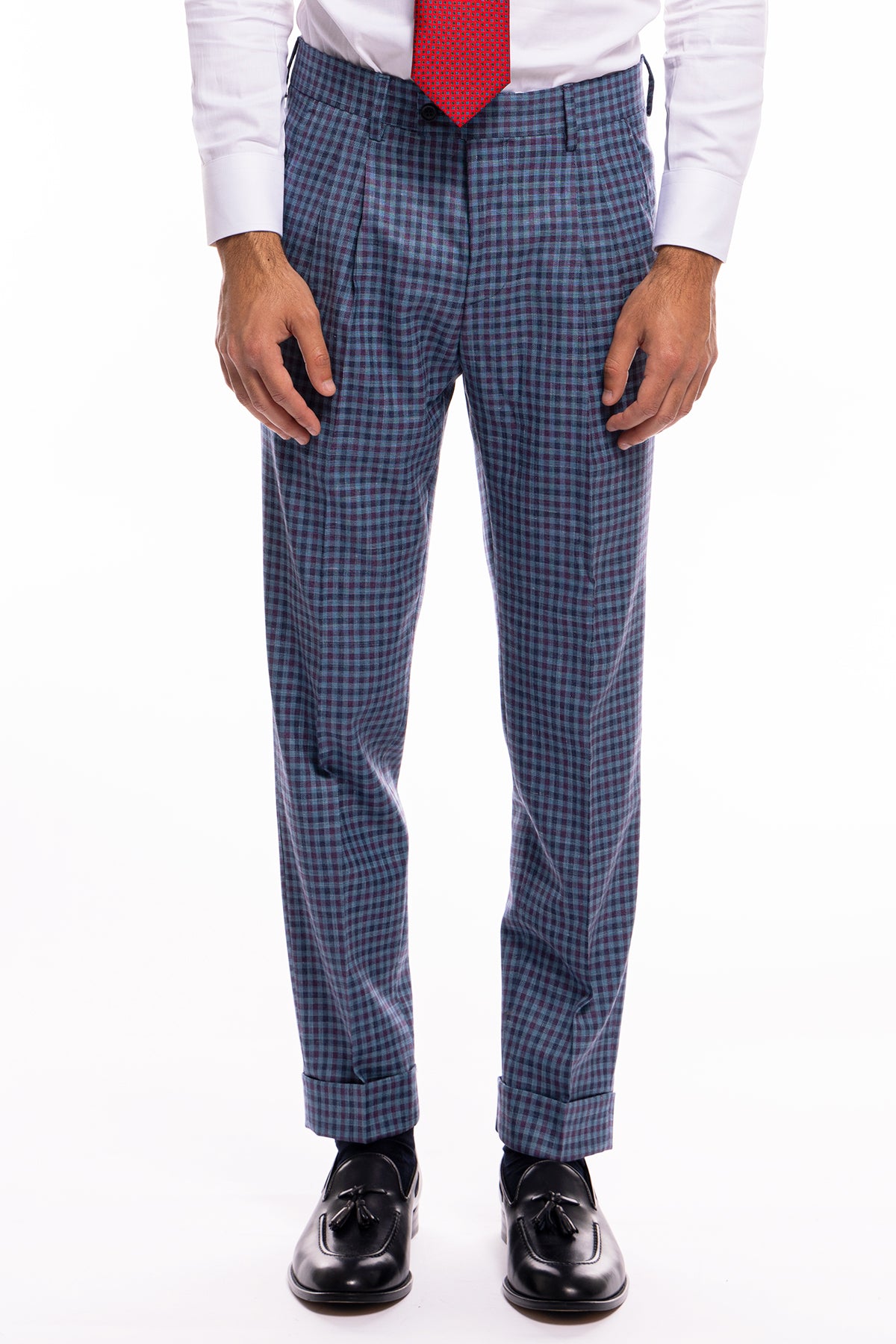 Abito uomo monopetto blu denim quadri bordeaux fresco lana seta lino Bristol Tessuti Rever largo a lancia