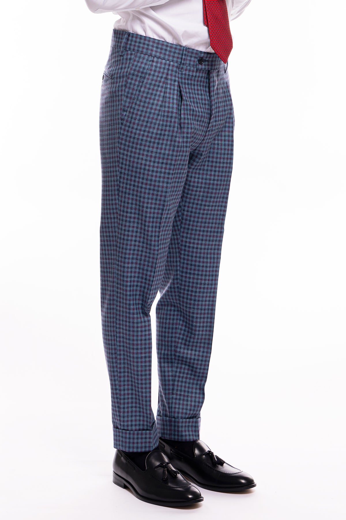 Abito uomo monopetto blu denim quadri bordeaux fresco lana seta lino Bristol Tessuti Rever largo a lancia