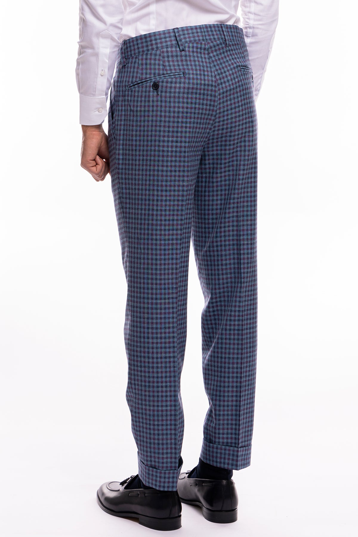 Pantalone uomo vita alta blu denim quadri bordeaux fresco lana seta e lino Bristol Tessuti
