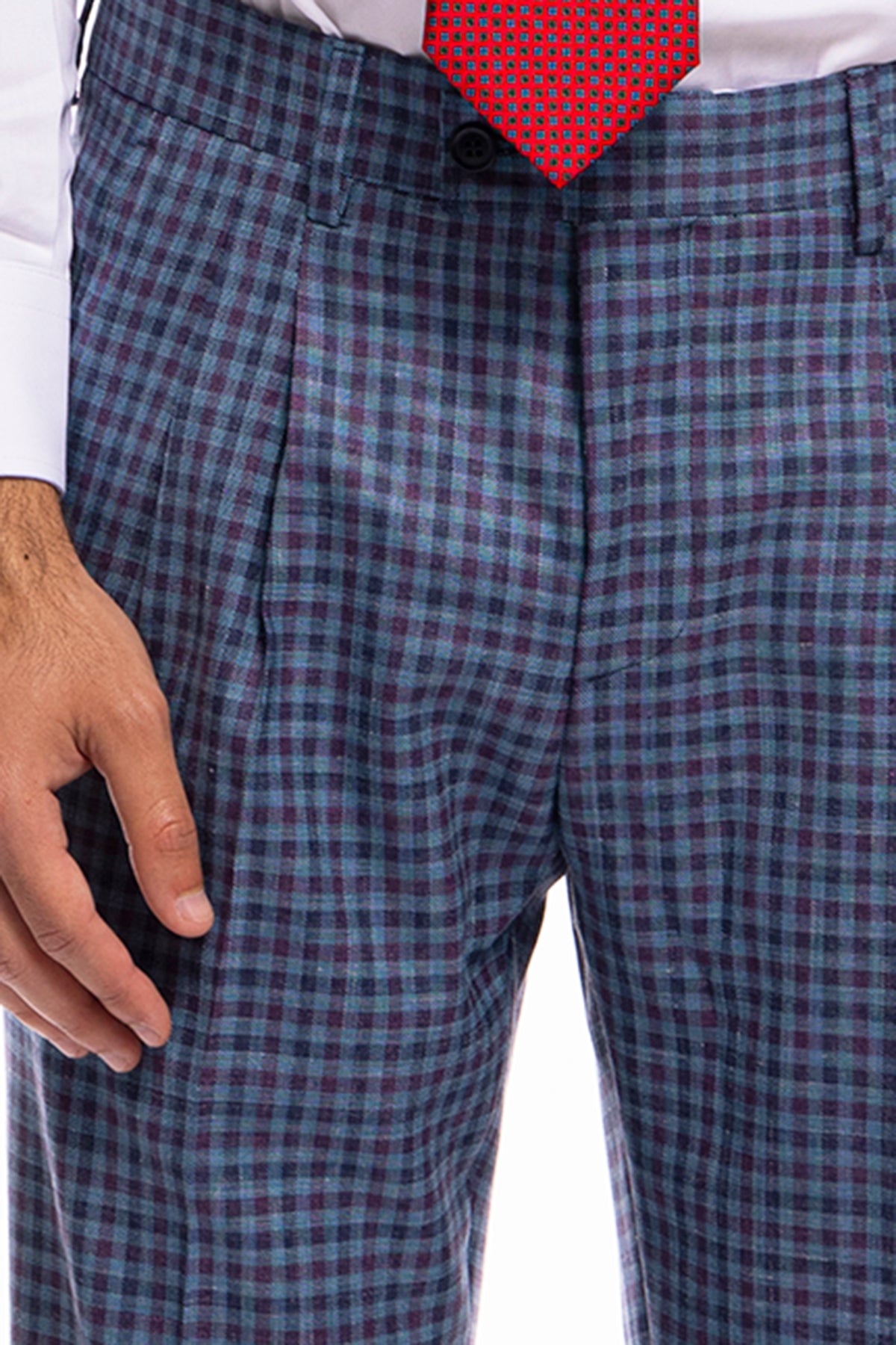 Pantalone uomo vita alta blu denim quadri bordeaux fresco lana seta e lino Bristol Tessuti
