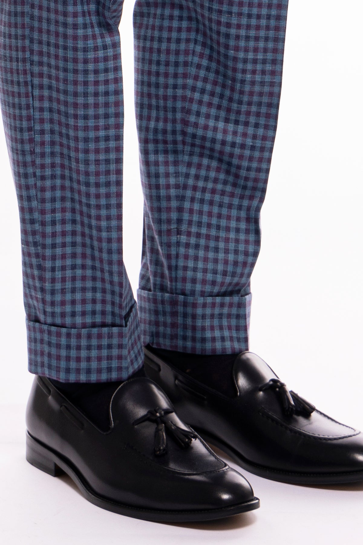 Pantalone uomo vita alta blu denim quadri bordeaux fresco lana seta e lino Bristol Tessuti