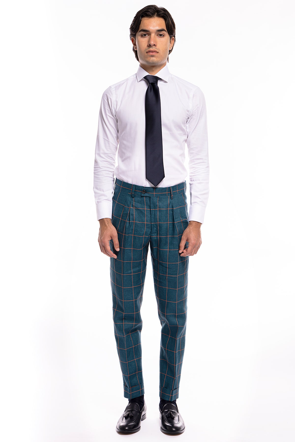 Pantalone uomo vita alta verde fantasia quadri arancio lino e cotone Bristol Tessuti