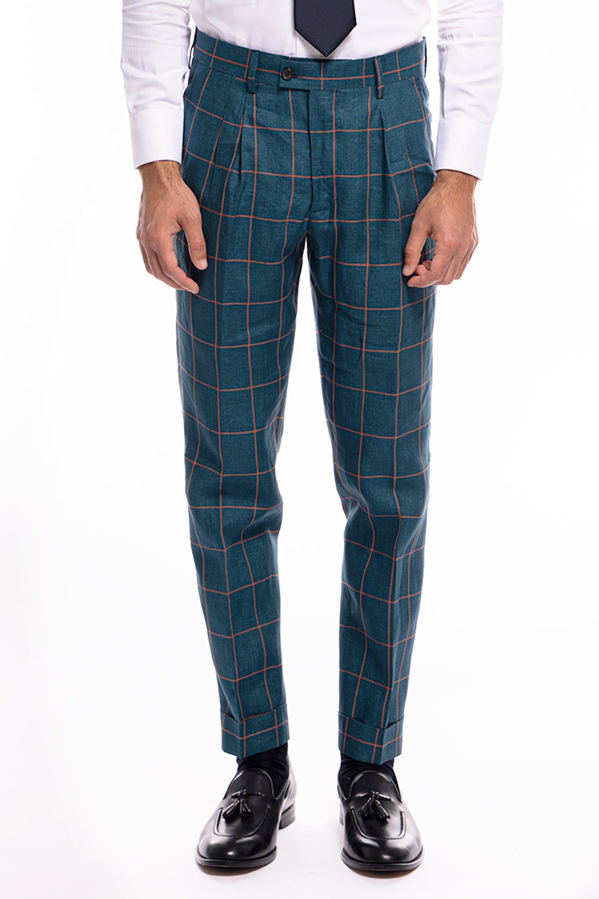 Pantalone uomo vita alta verde fantasia quadri arancio lino e cotone Bristol Tessuti