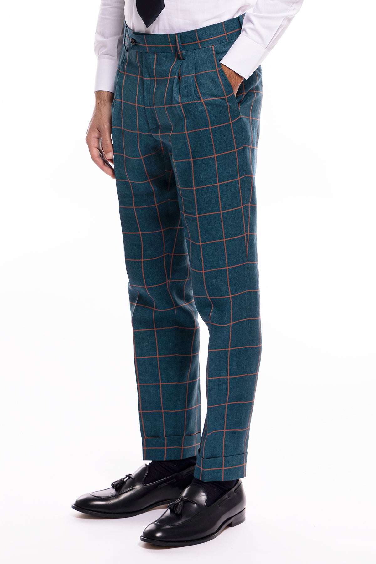 Pantalone uomo vita alta verde fantasia quadri arancio lino e cotone Bristol Tessuti