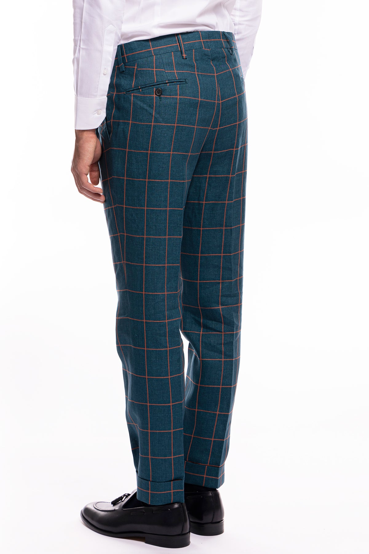 Pantalone uomo vita alta verde fantasia quadri arancio lino e cotone Bristol Tessuti