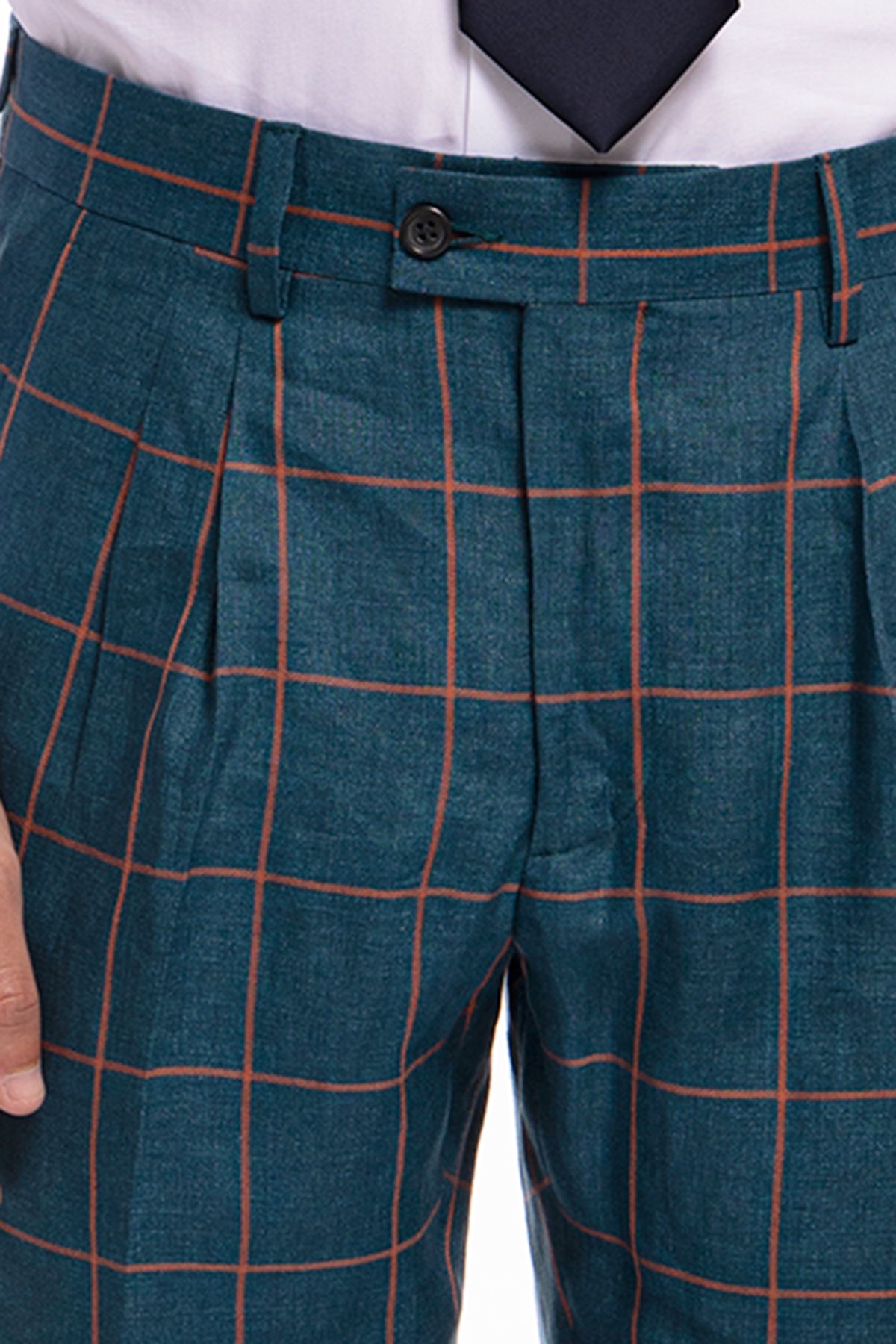 Pantalone uomo vita alta verde fantasia quadri arancio lino e cotone Bristol Tessuti
