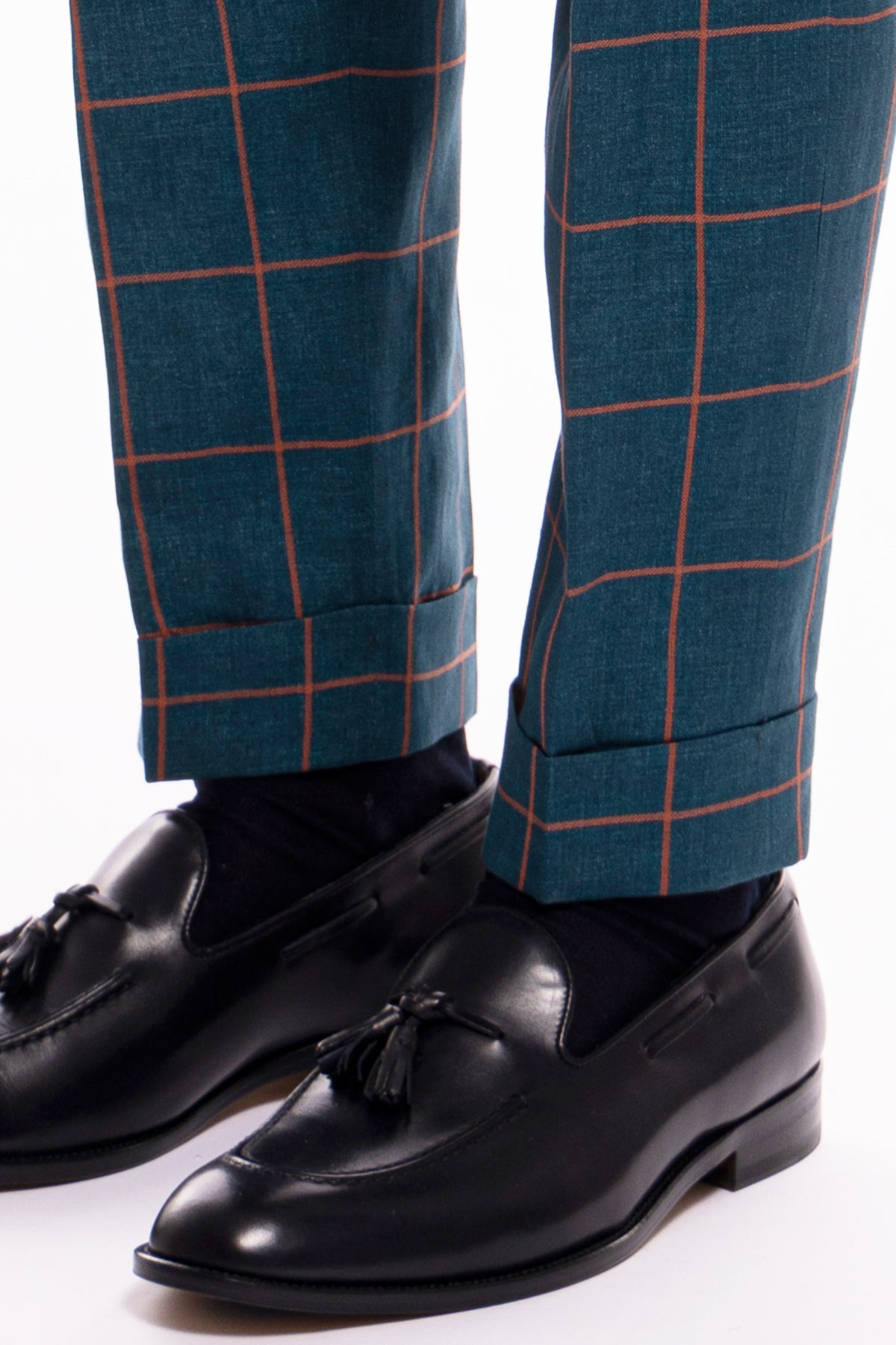 Pantalone uomo vita alta verde fantasia quadri arancio lino e cotone Bristol Tessuti
