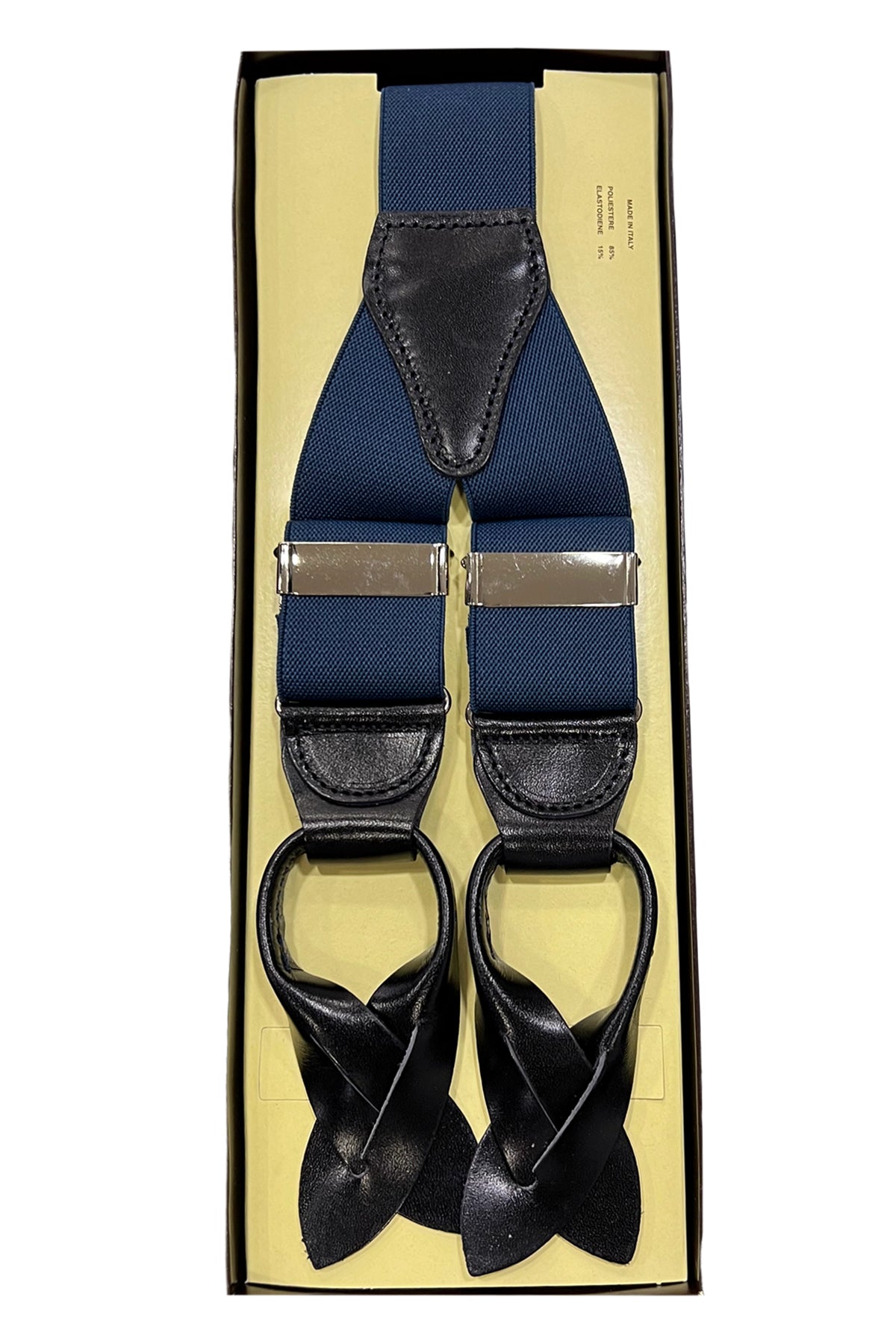 Bretelle da uomo bluette tinta unita Elasticizzate 3,5 cm regolabili con attacco per bottoni in cuoio