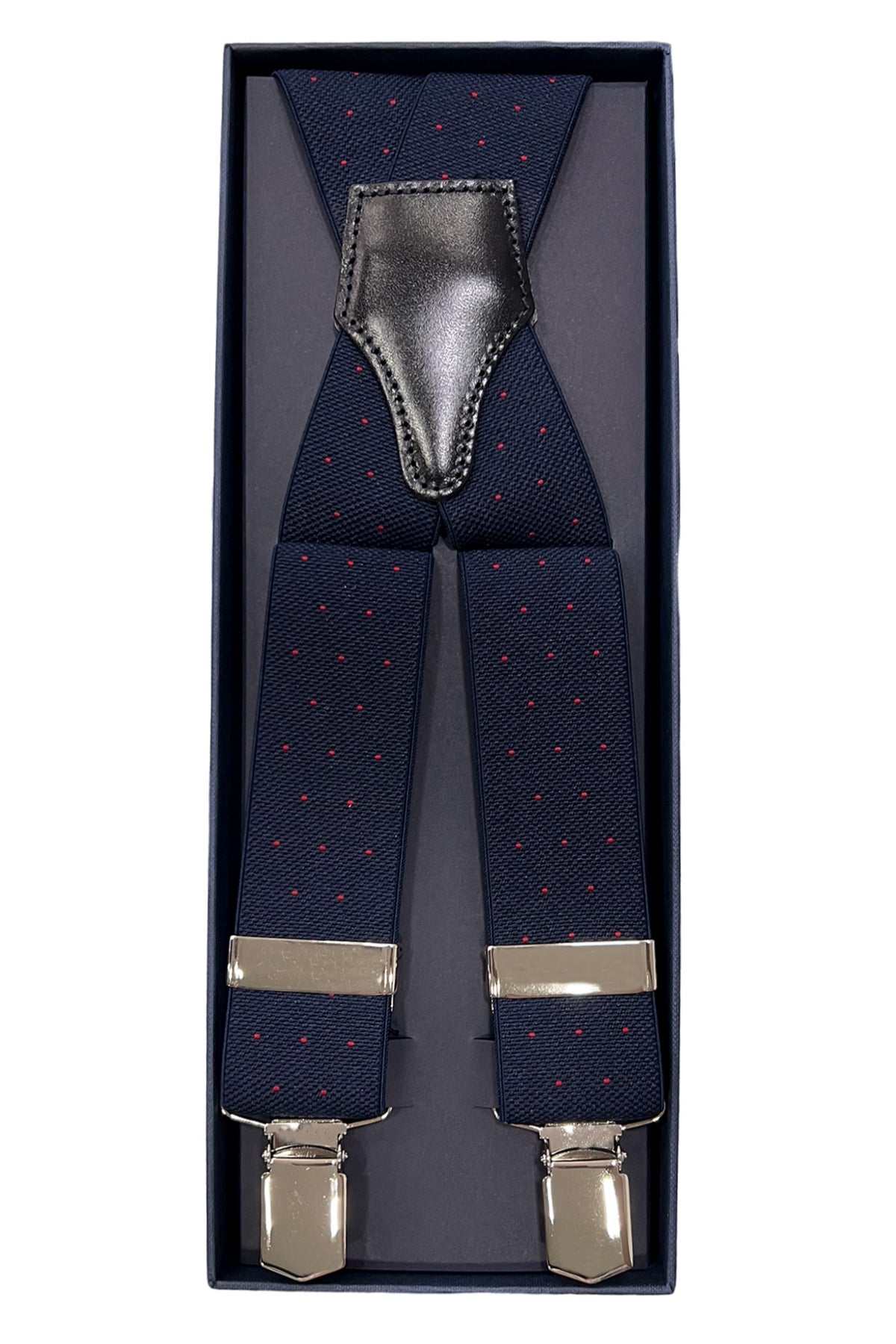 Bretelle da uomo blu fantasia pois rossi Elasticizzate 3,5 cm regolabili con chiusura pinze argento