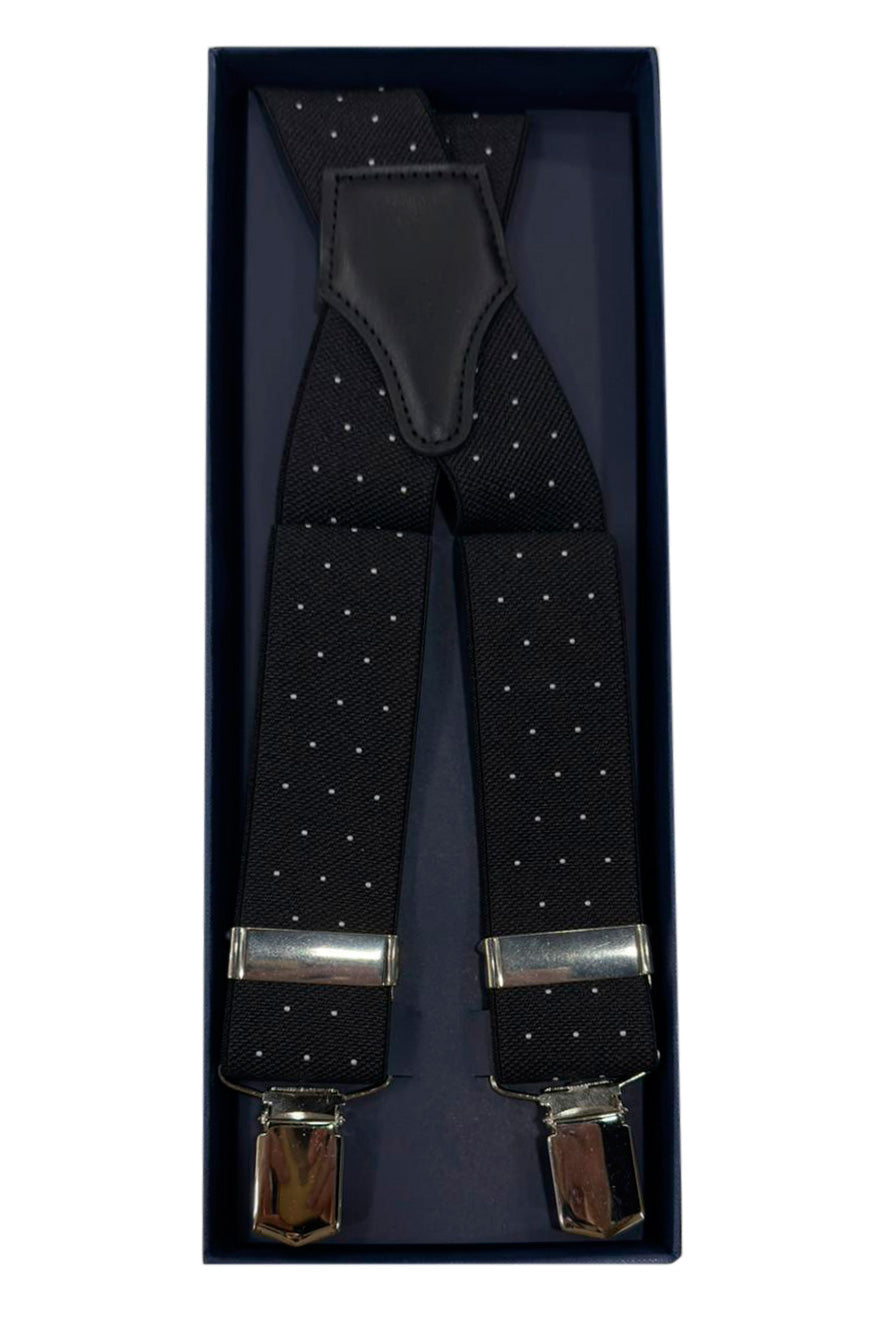 Bretelle da uomo nere fantasia pois bianchi grandi Elasticizzate 3,5 cm regolabili con chiusura pinze argento