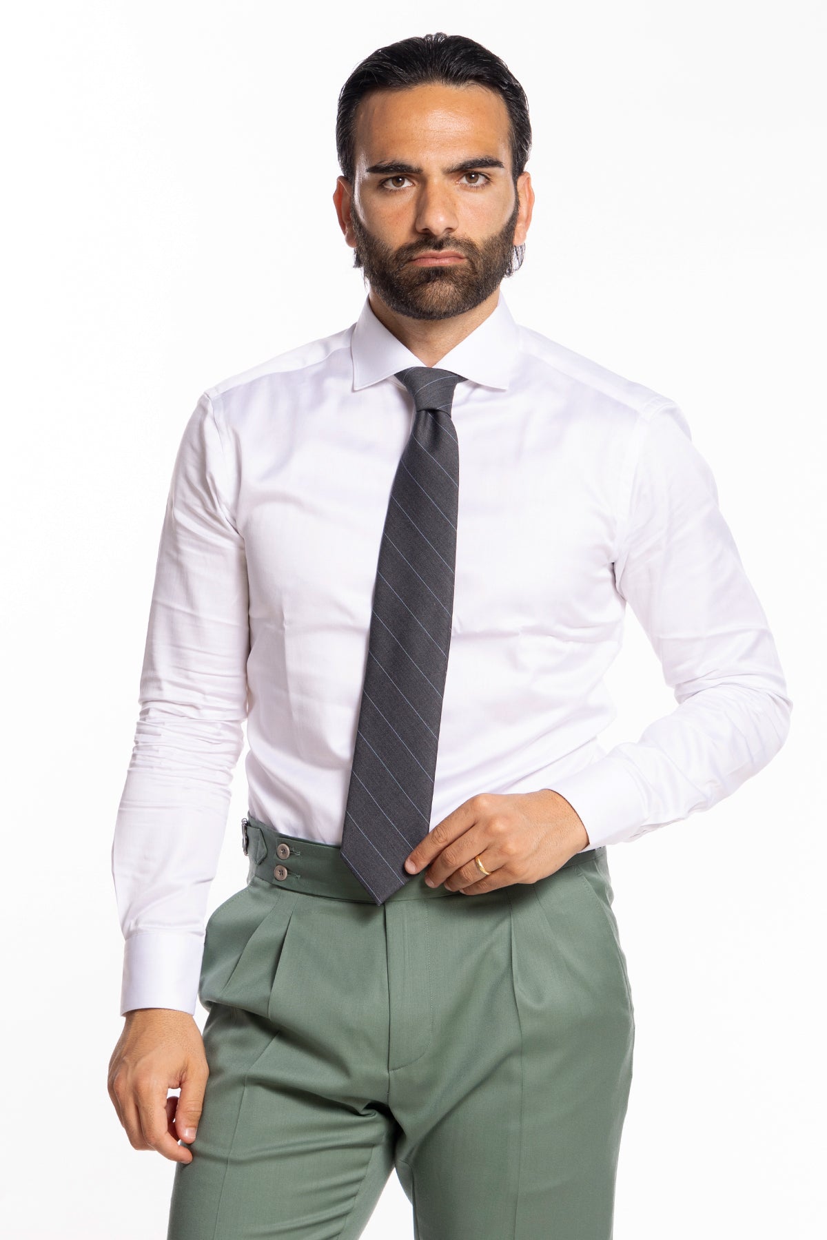 Cravatta uomo 9cm grigia gessata con riga celeste fresco lana super 130's Bristol Tessuti Napoli