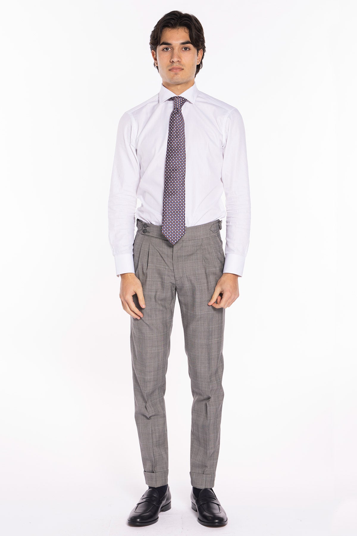 Pantalone uomo grigio fantasia principe di galles in fresco lana 120's vita alta con doppia pinces fibbie laterali