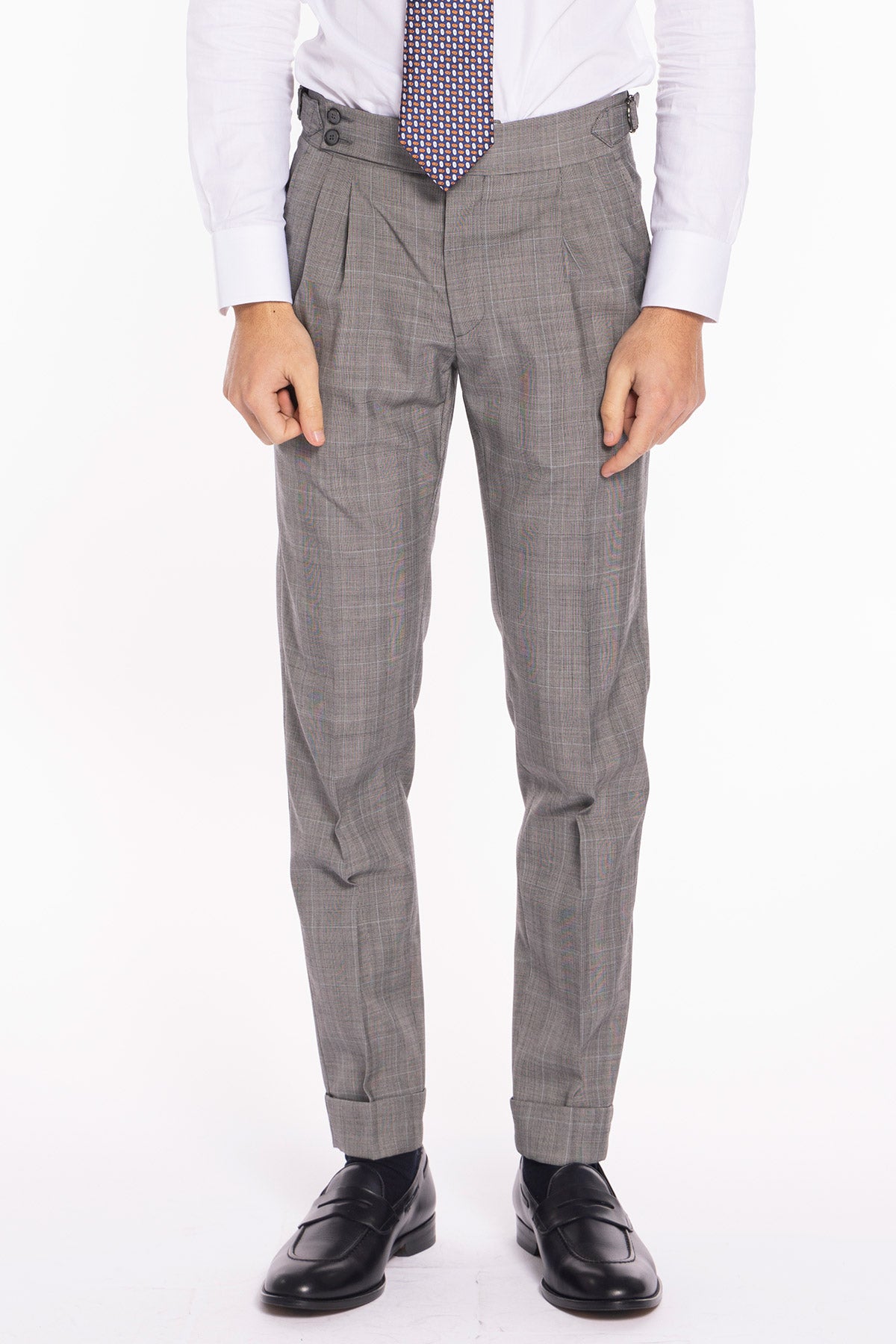 Pantalone uomo grigio fantasia principe di galles in fresco lana 120's vita alta con doppia pinces fibbie laterali