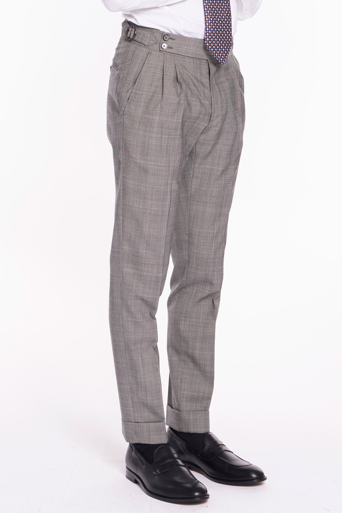 Pantalone uomo grigio fantasia principe di galles in fresco lana 120's vita alta con doppia pinces fibbie laterali