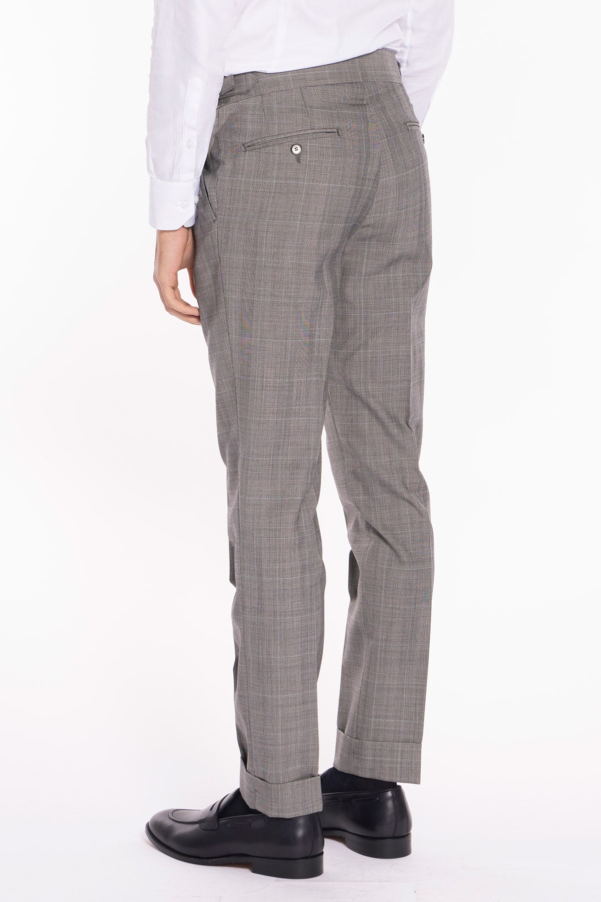 Pantalone uomo grigio fantasia principe di galles in fresco lana 120's vita alta con doppia pinces fibbie laterali