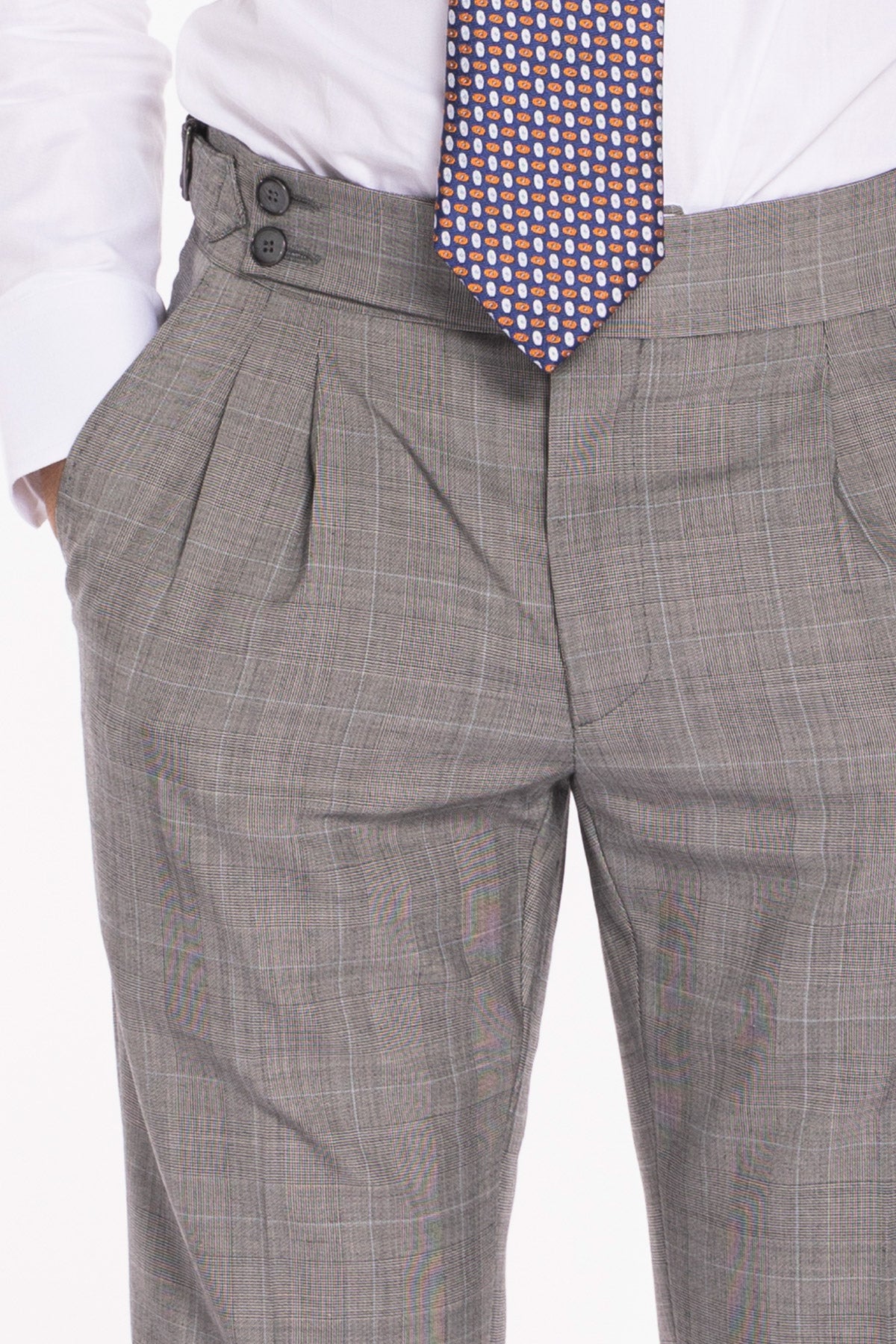 Pantalone uomo grigio fantasia principe di galles in fresco lana 120's vita alta con doppia pinces fibbie laterali