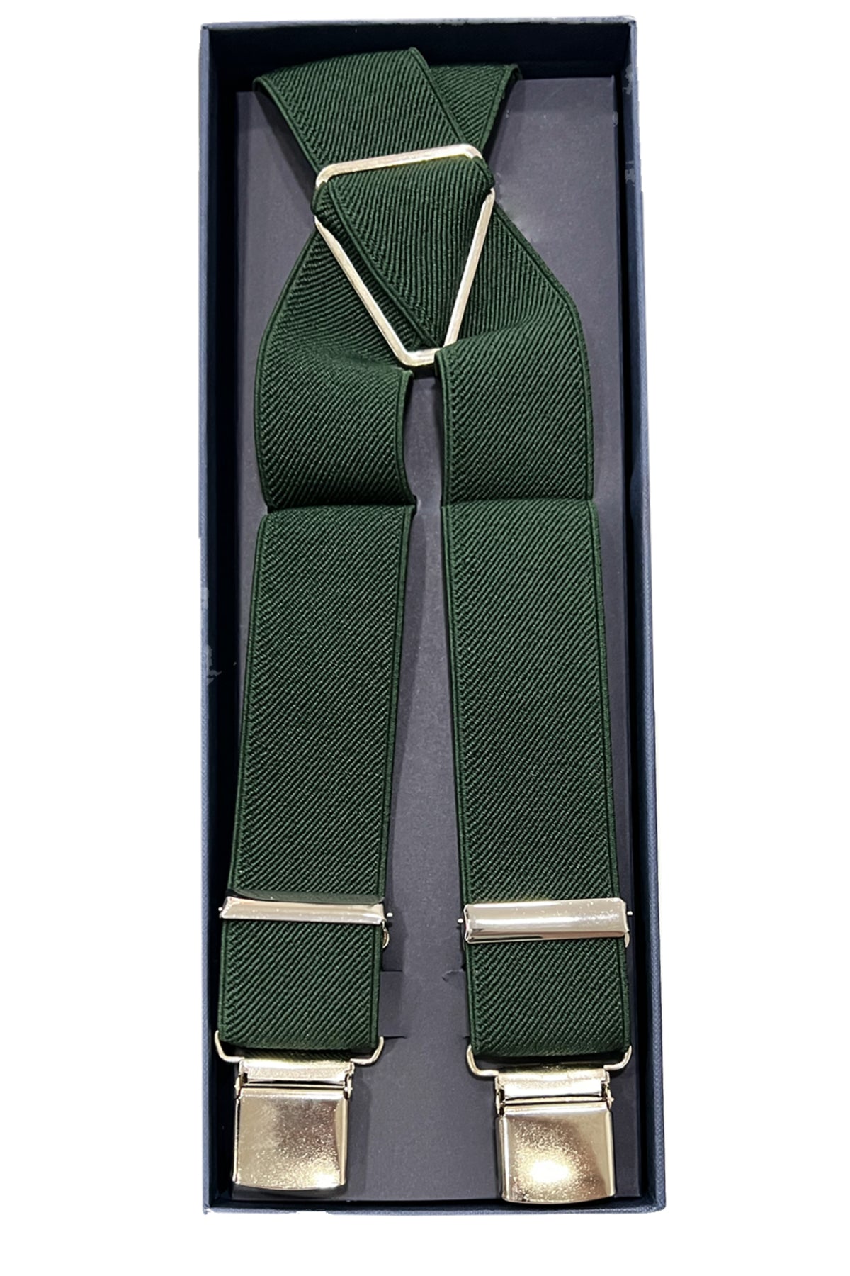 Bretelle da uomo verde Bottiglia tinta unita elastiche regolabili con chiusura pinze argento misura regular 4cm