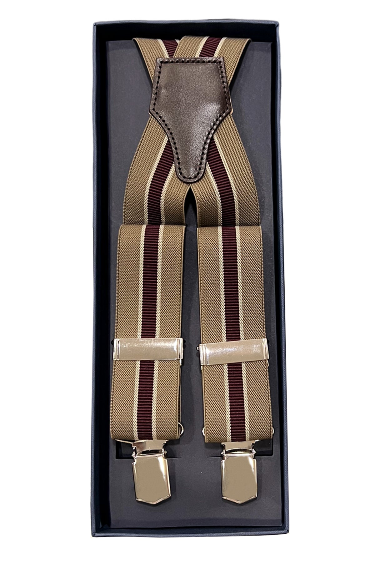 Bretelle da uomo beige riga bordeaux Elasticizzate 3,5 cm regolabili con chiusura pinze argento