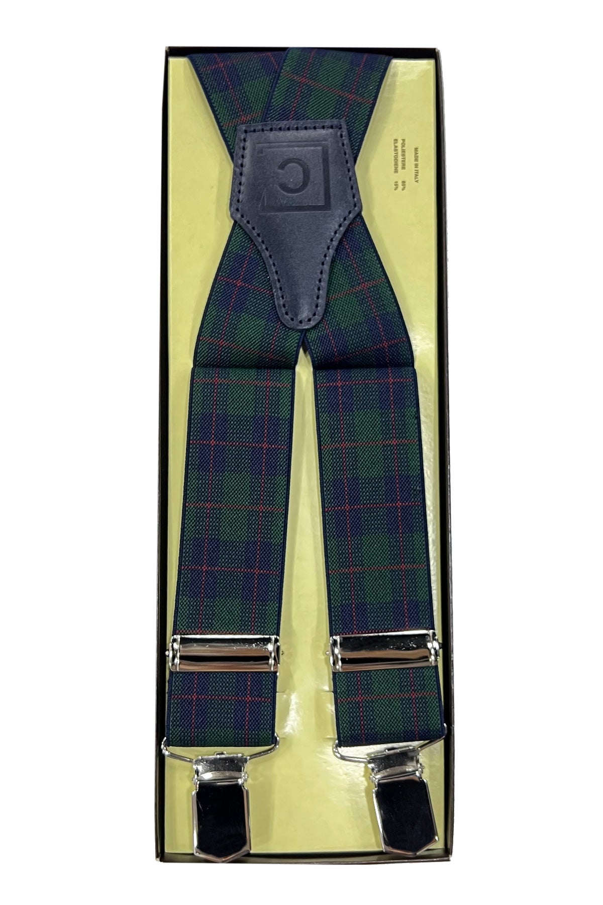 Bretelle da uomo verde fantasia Tartan tinta unita Elasticizzate 3,5 cm regolabili con chiusura pinze argento