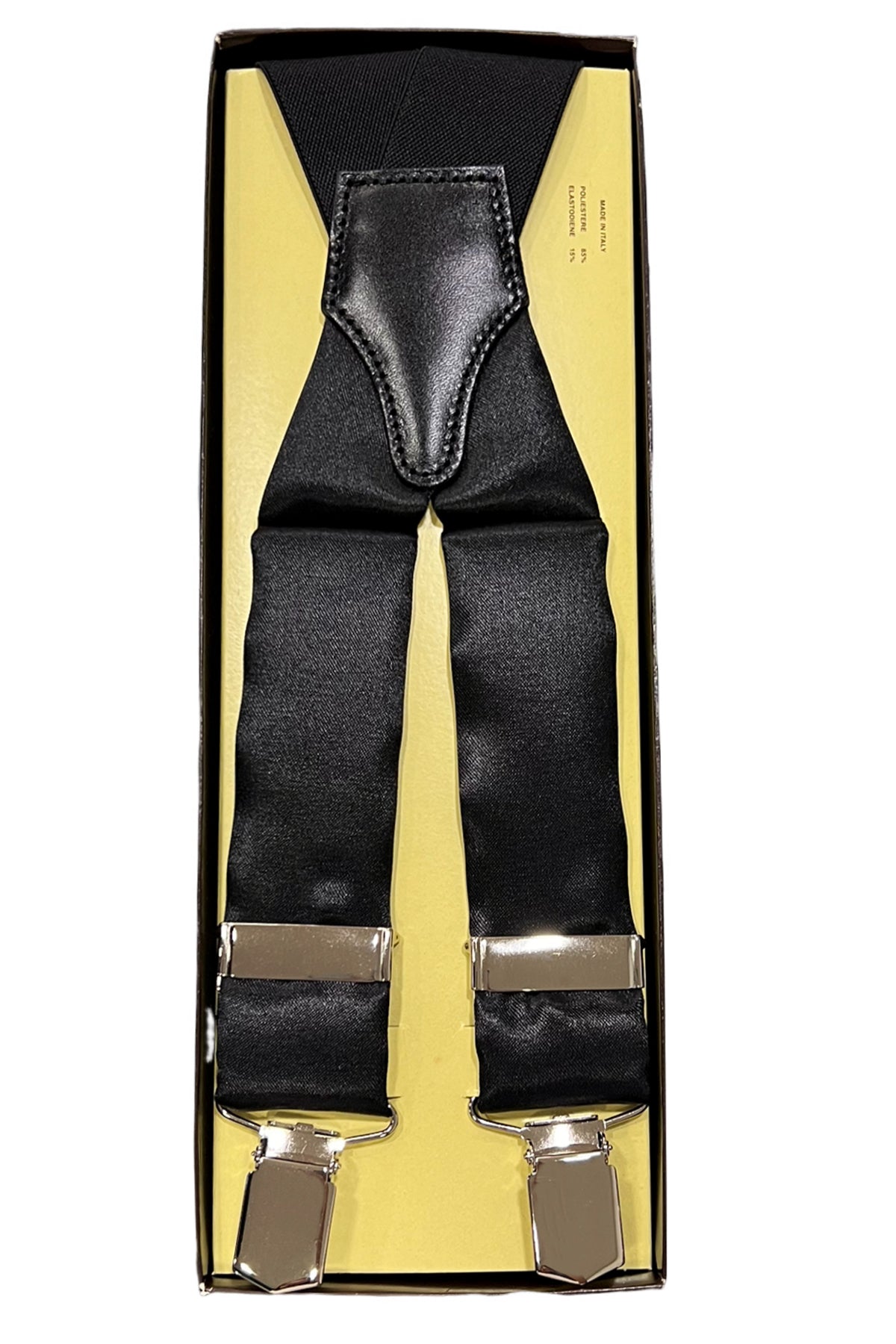 Bretelle da uomo nere tinta unita in raso 3,5 cm regolabili con chiusura pinze argento