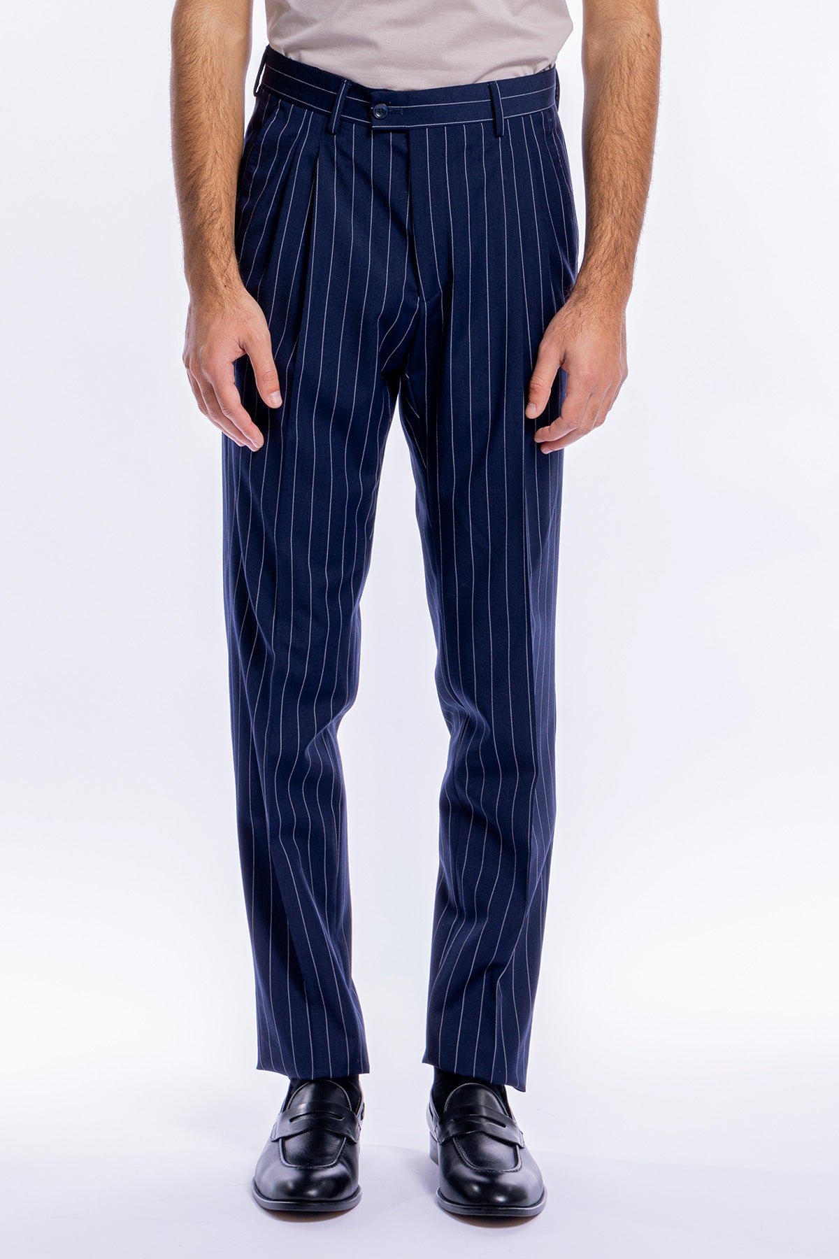 Pantalone uomo blu gessato vita alta tasca america in fresco lana misto con doppia pinces