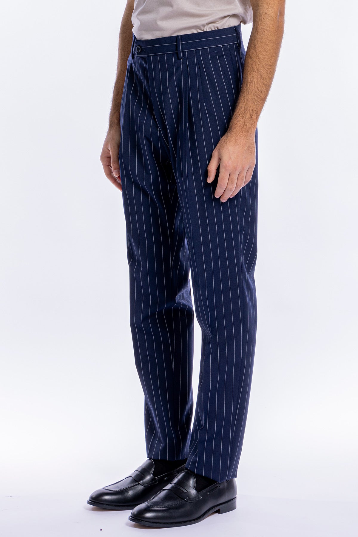 Pantalone uomo blu gessato vita alta tasca america in fresco lana misto con doppia pinces