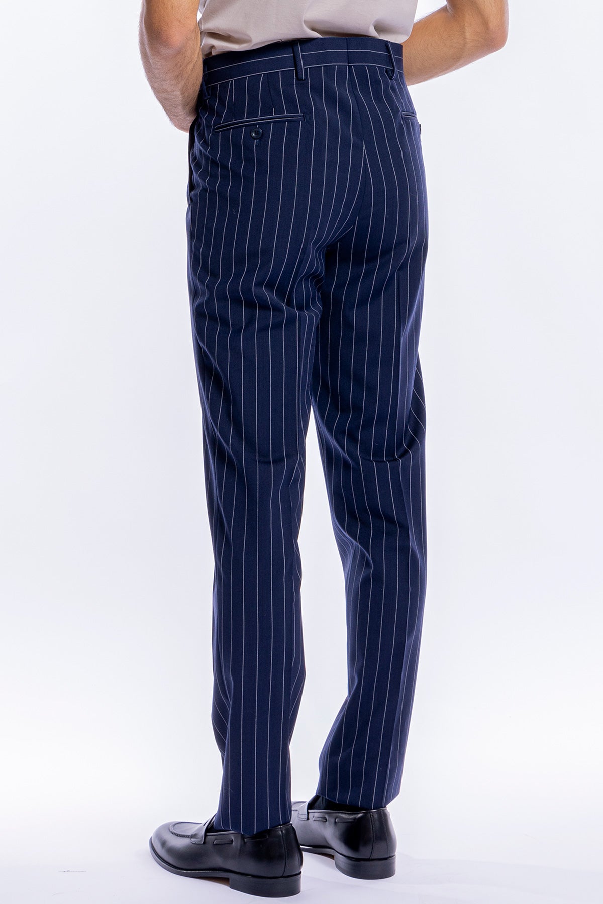 Pantalone uomo blu gessato vita alta tasca america in fresco lana misto con doppia pinces