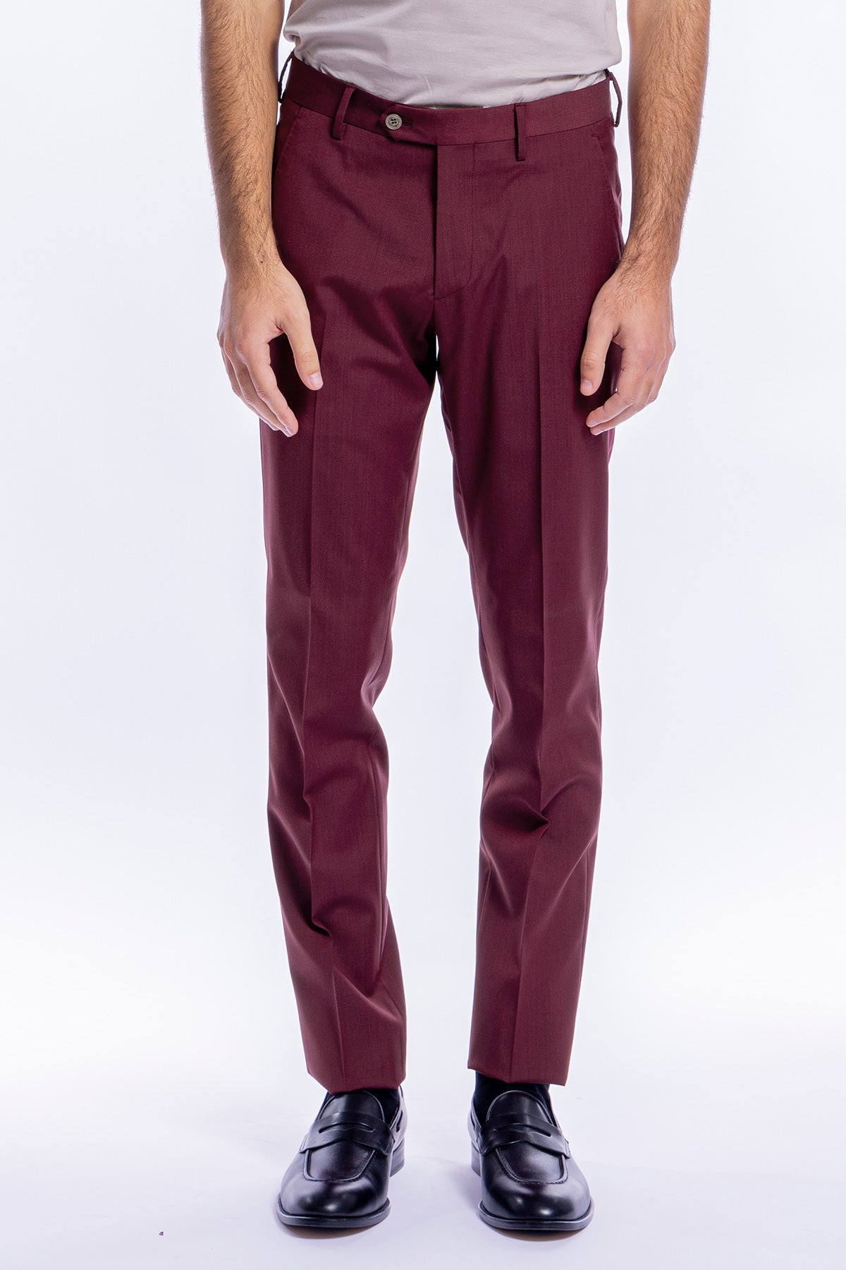Pantalone uomo slim fit tasca america Bordeaux in fresco lana tinta unita