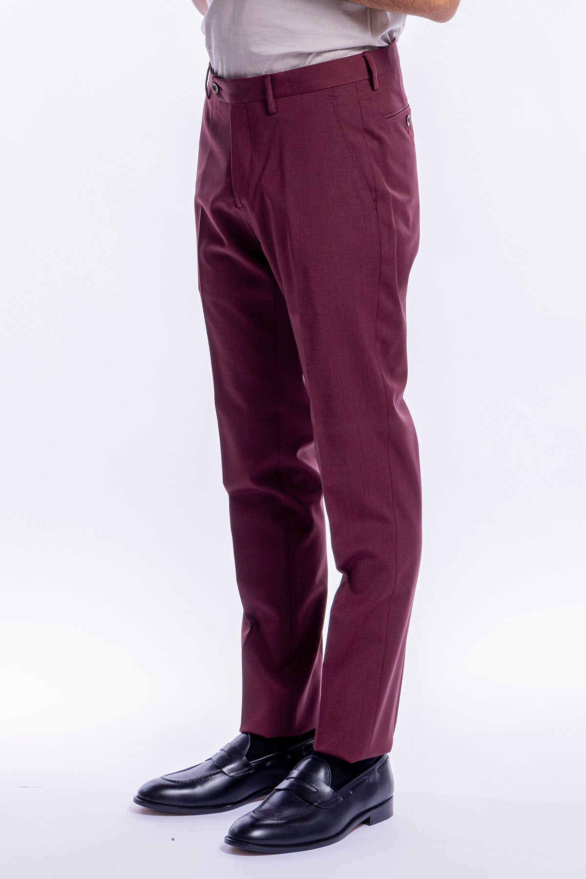 Pantalone uomo slim fit tasca america Bordeaux in fresco lana tinta unita