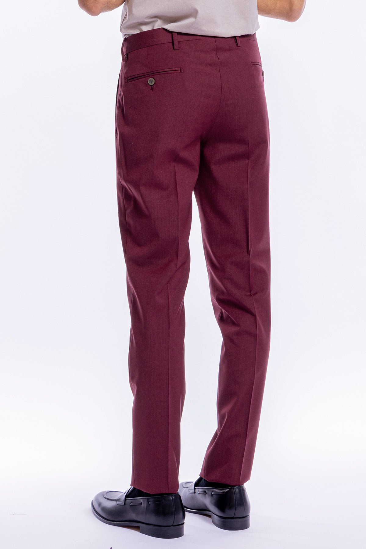 Pantalone uomo slim fit tasca america Bordeaux in fresco lana tinta unita