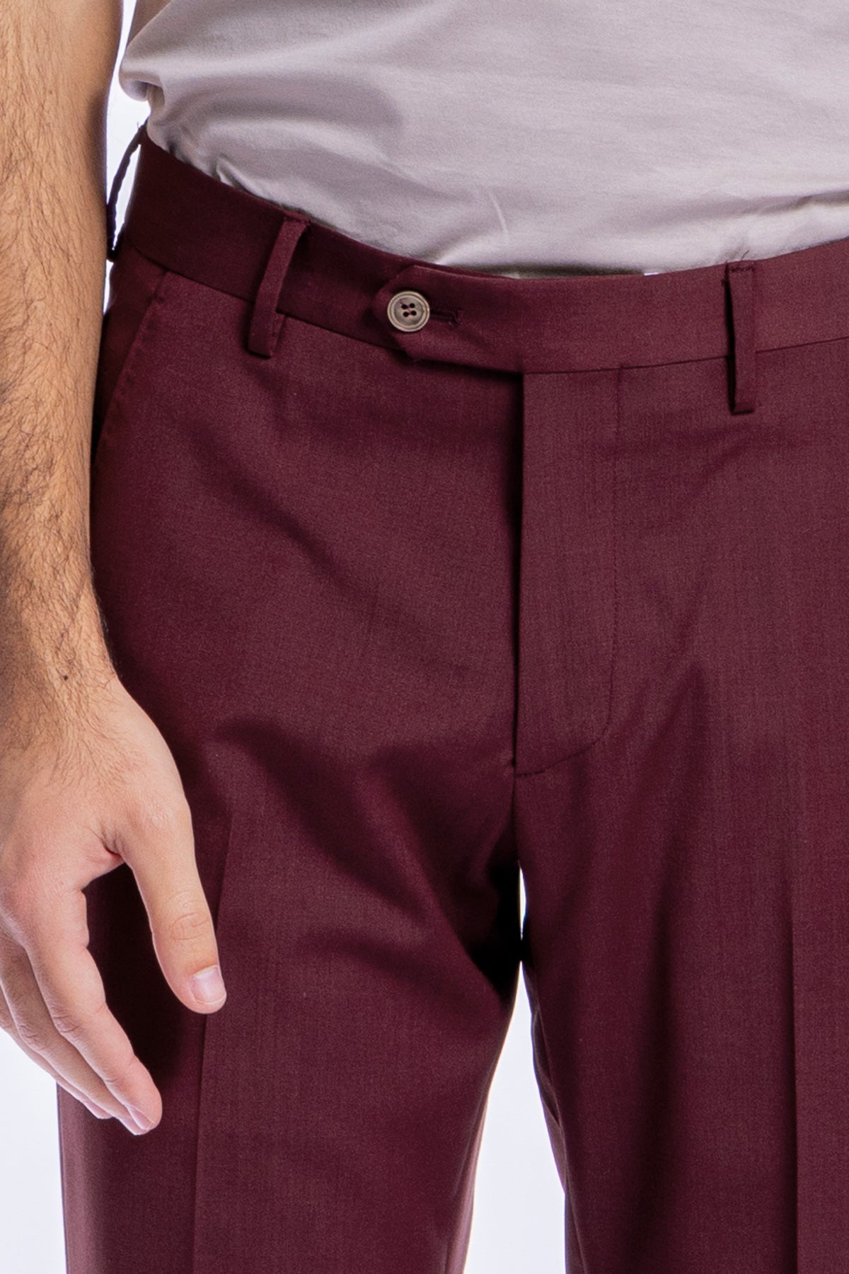 Pantalone uomo slim fit tasca america Bordeaux in fresco lana tinta unita