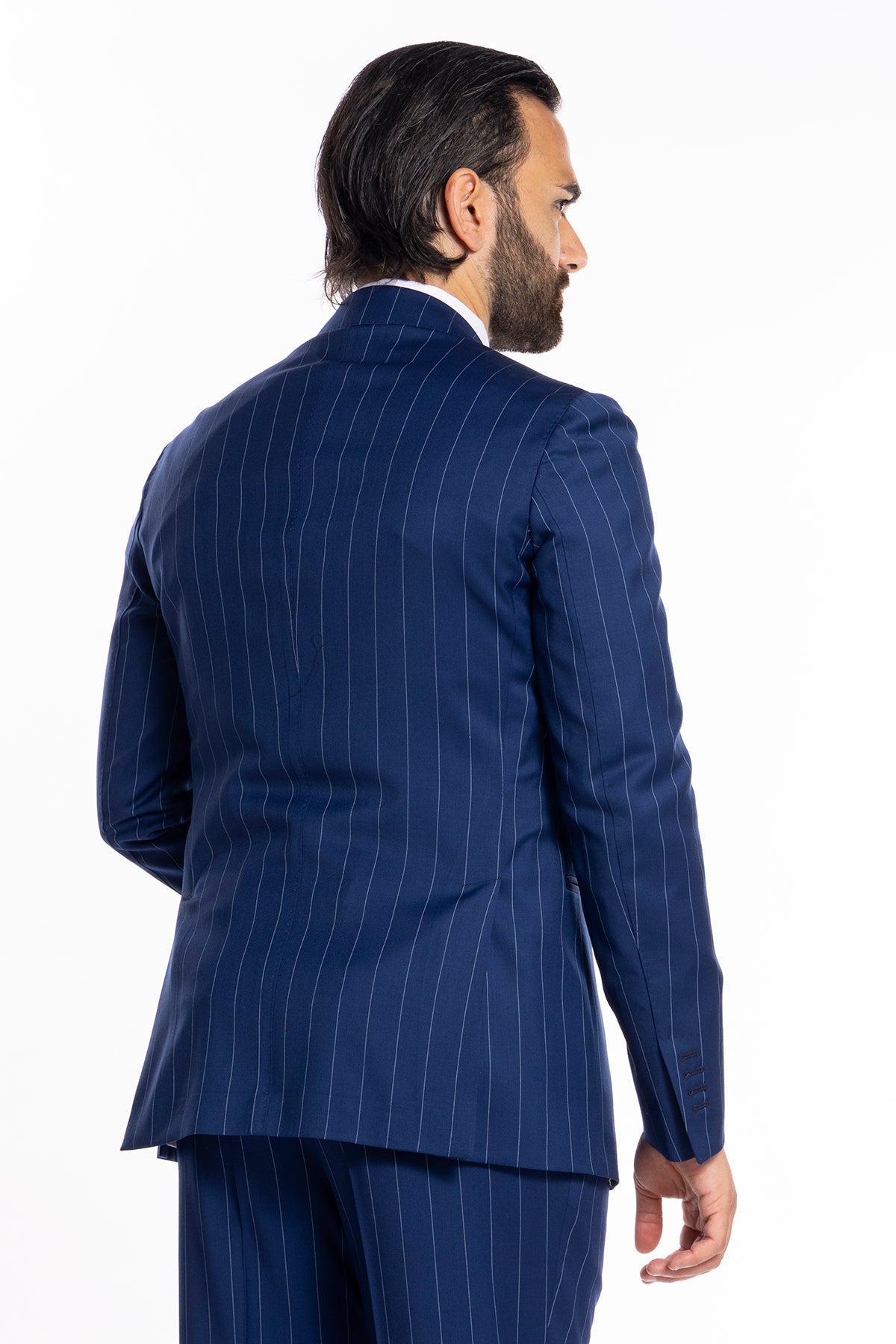 Giacca uomo monopetto royal blu gessata con riga celeste fresco lana super 130's Bristol Tessuti Napoli rever a lancia