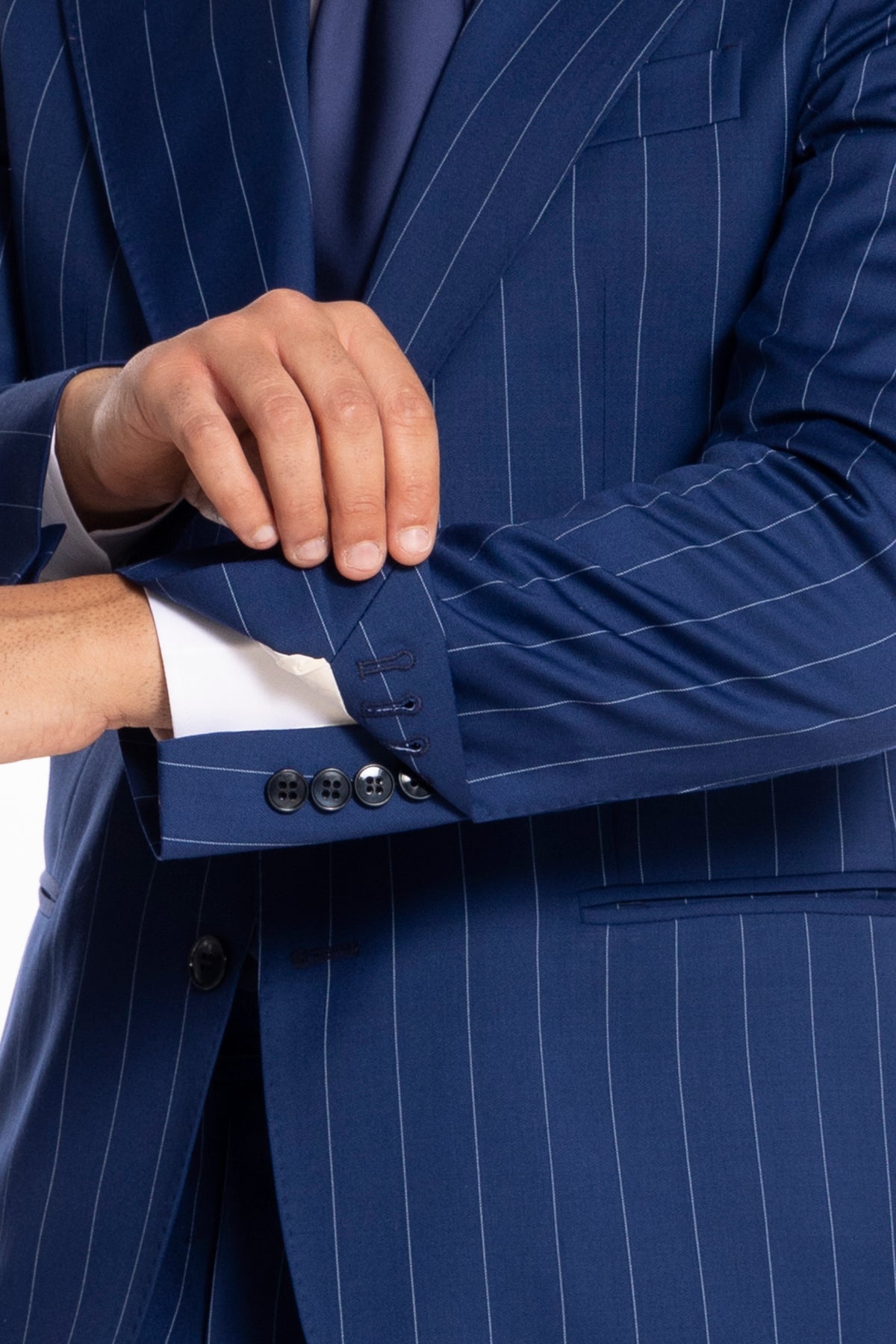 Giacca uomo monopetto royal blu gessata con riga celeste fresco lana super 130's Bristol Tessuti Napoli rever a lancia