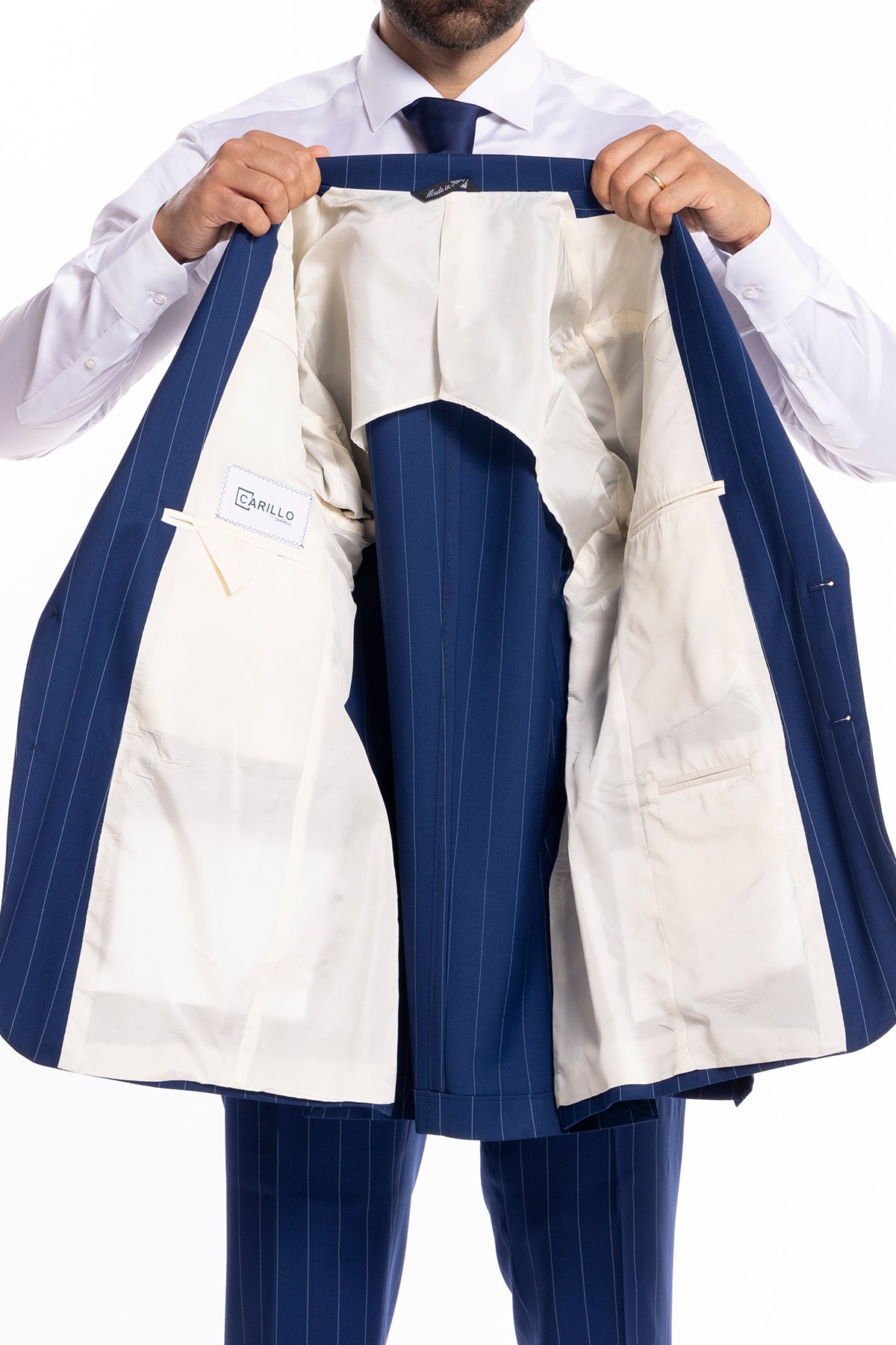 Giacca uomo monopetto royal blu gessata con riga celeste fresco lana super 130's Bristol Tessuti Napoli rever a lancia