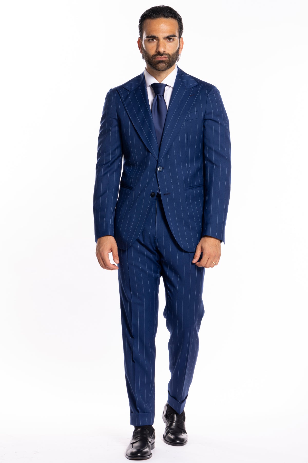Giacca uomo monopetto royal blu gessata con riga celeste fresco lana super 130's Bristol Tessuti Napoli rever a lancia