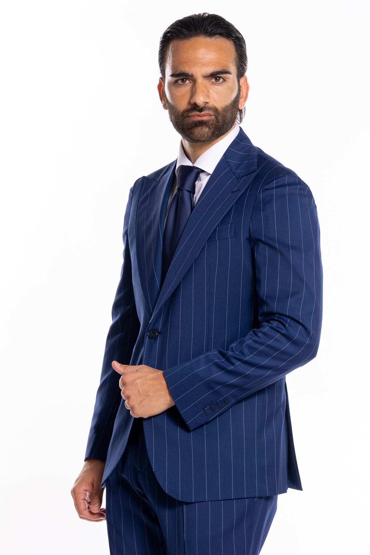 Giacca uomo monopetto royal blu gessata con riga celeste fresco lana super 130's Bristol Tessuti Napoli rever a lancia