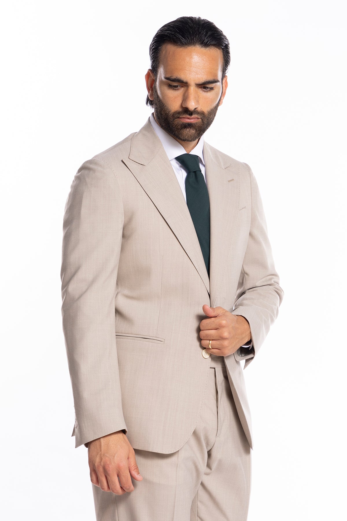 Giacca uomo monopetto Beige fresco lana mista Rever a lancia 13cm